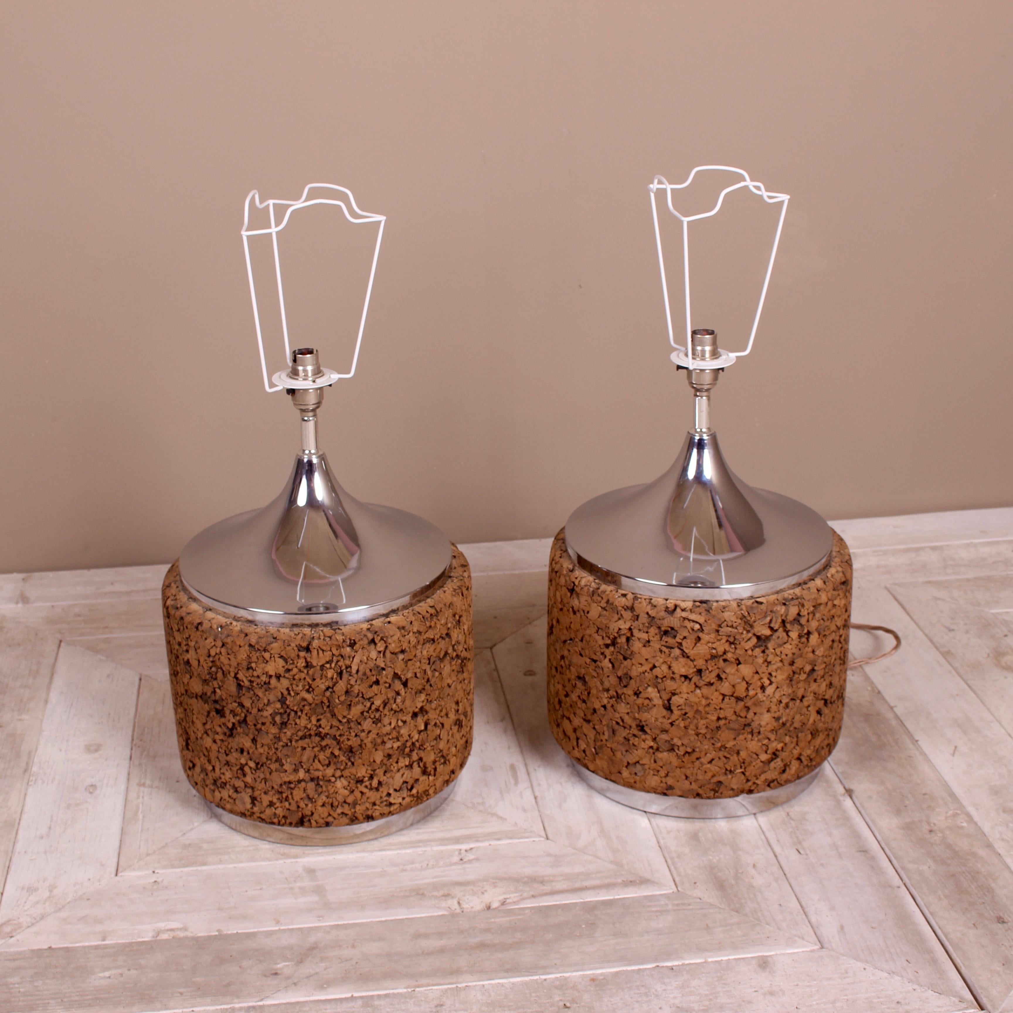 Pair of Large Chrome and Cork Table Lamps For Sale 2