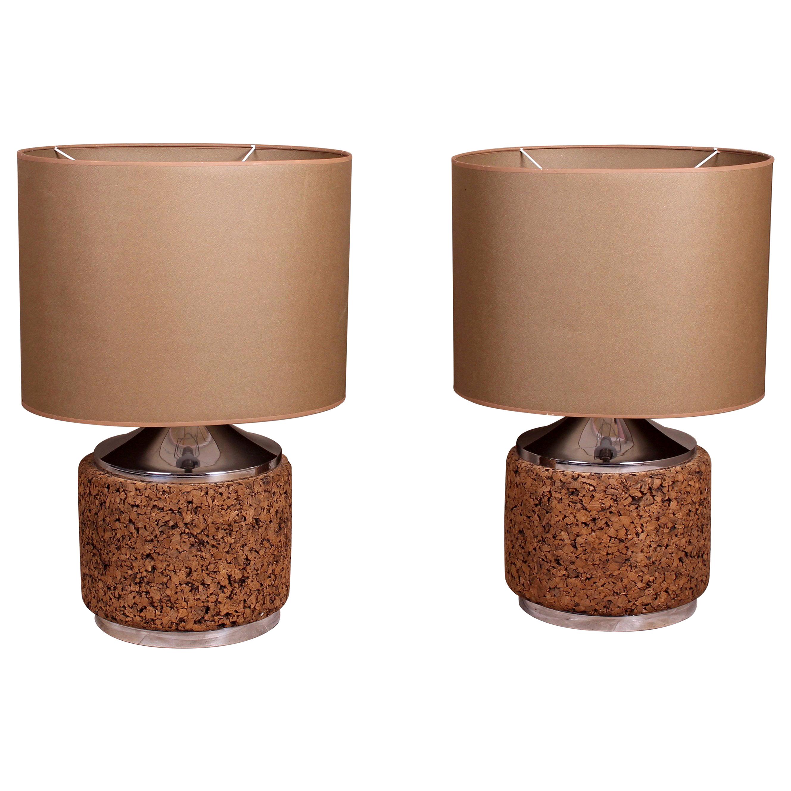 Pair of Large Chrome and Cork Table Lamps For Sale