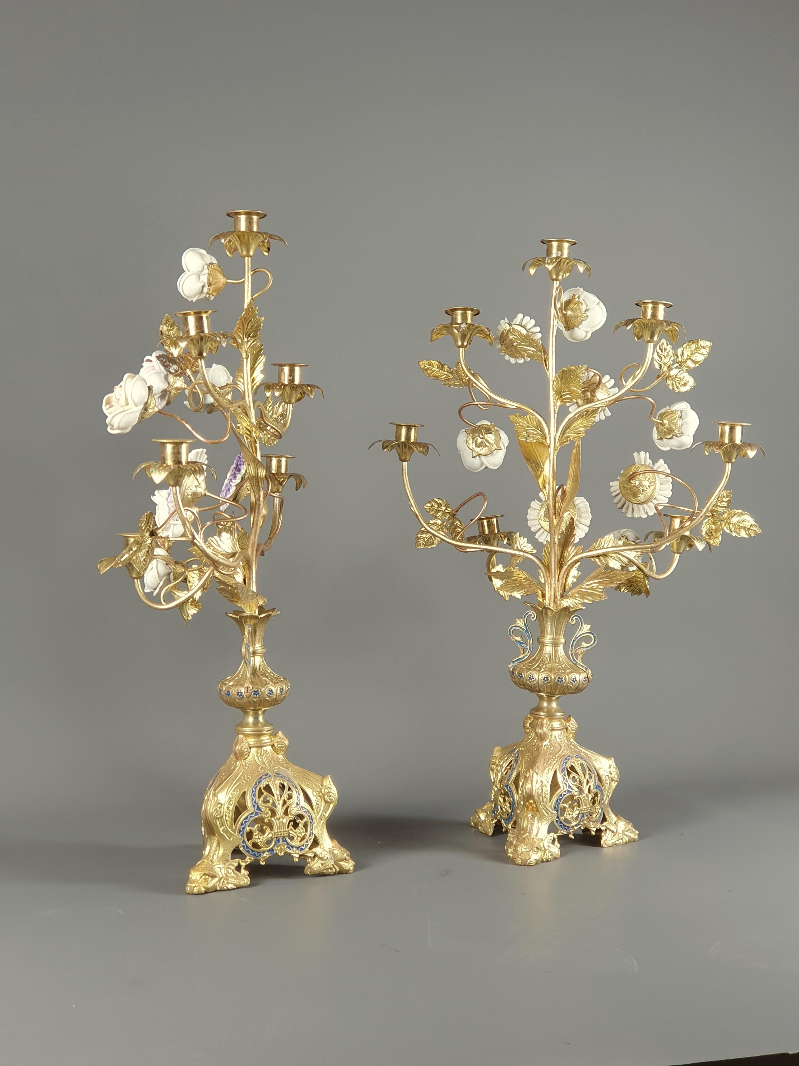 Pair of Large Church Candelabras in Gilt Bronze 4