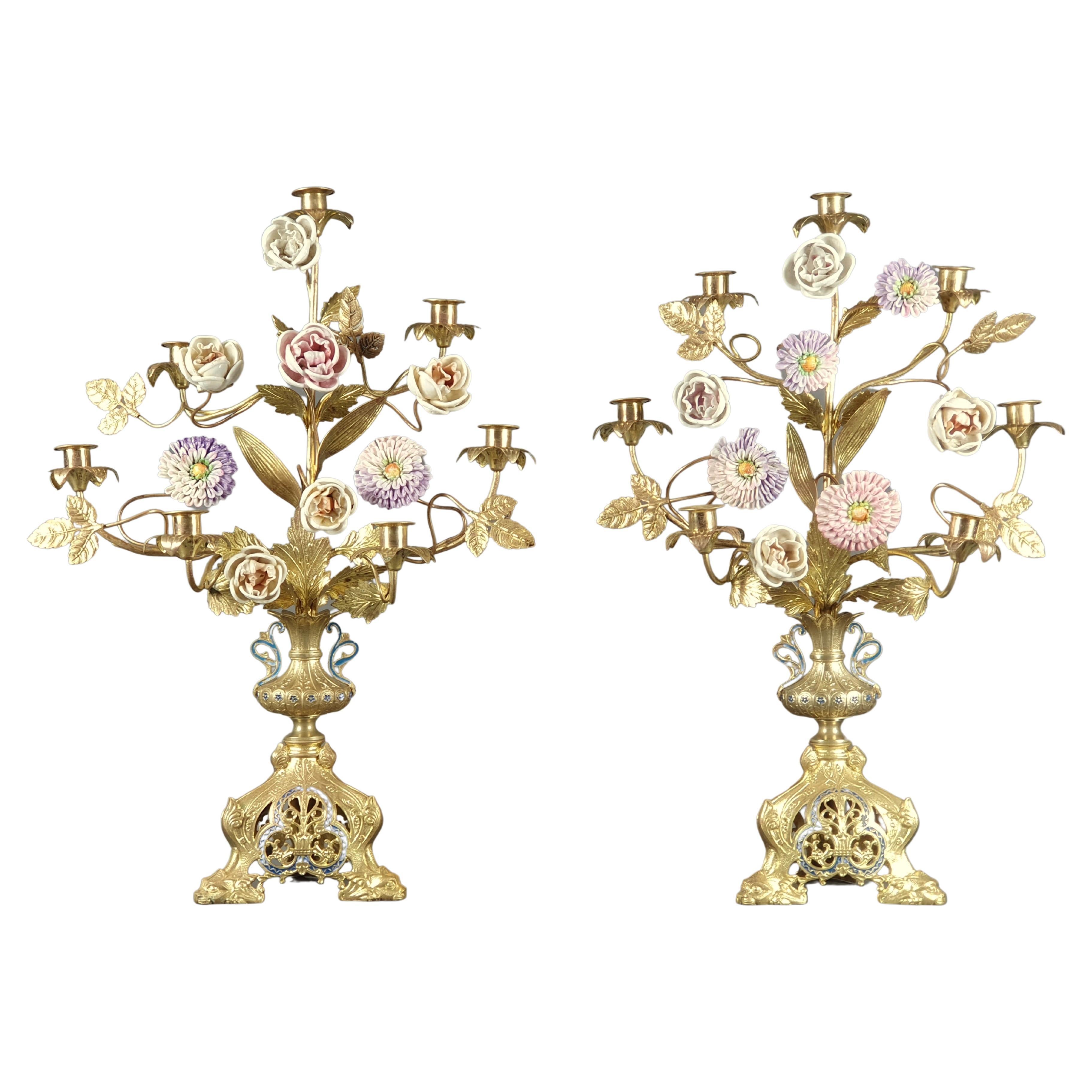 Pair of Large Church Candelabras in Gilt Bronze