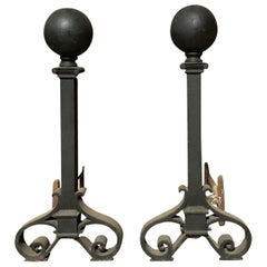 Pair of Large circa 1900 Iron Andirons, Ball Finials