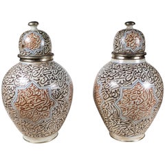 Antique Pair of Large, circa 1900, Lidded Moorish Urns