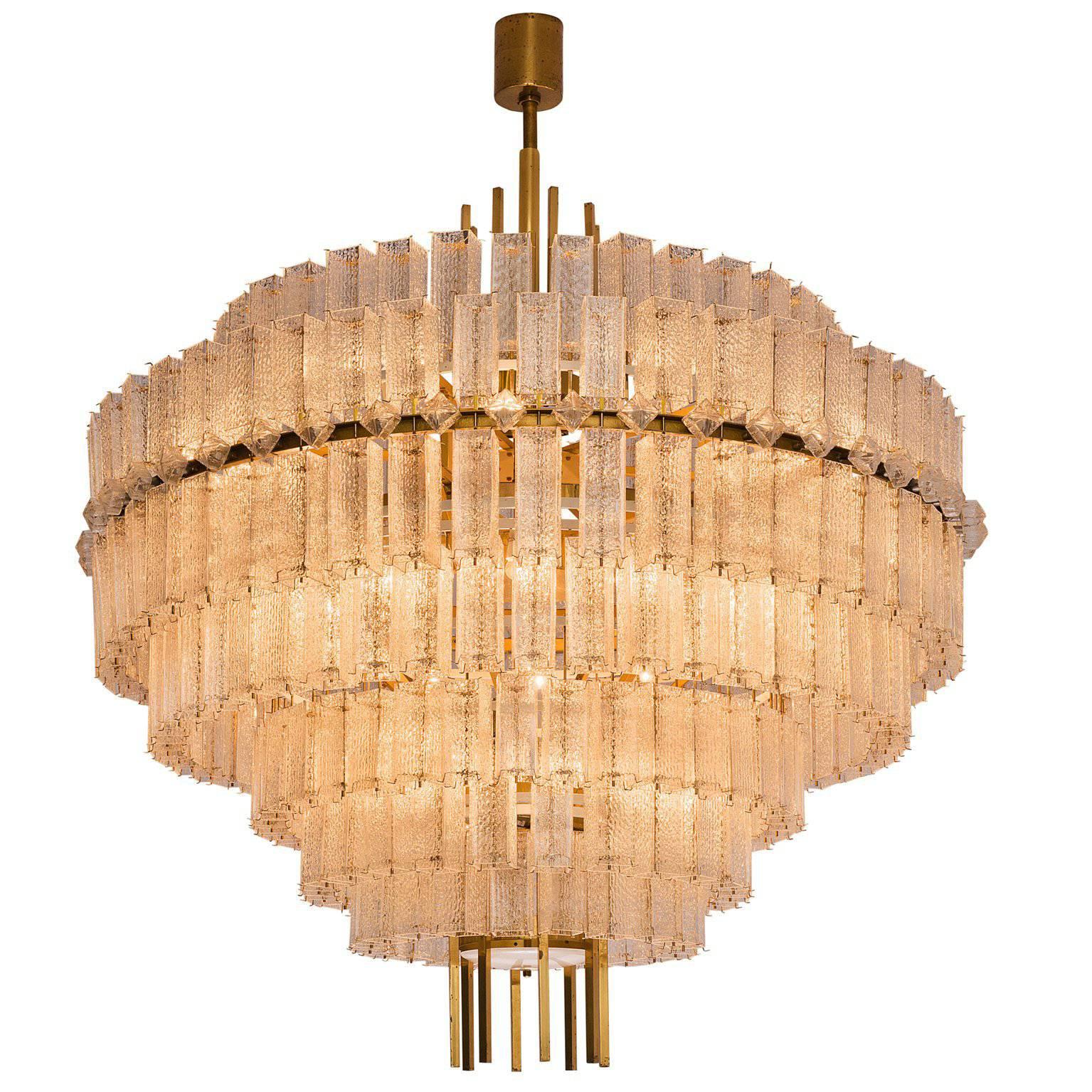 Pair of Large Circular Chandelier in Brass and Structured Glass