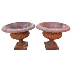 Vintage Pair of Large Classic Cast Iron Planters with Aged Patina
