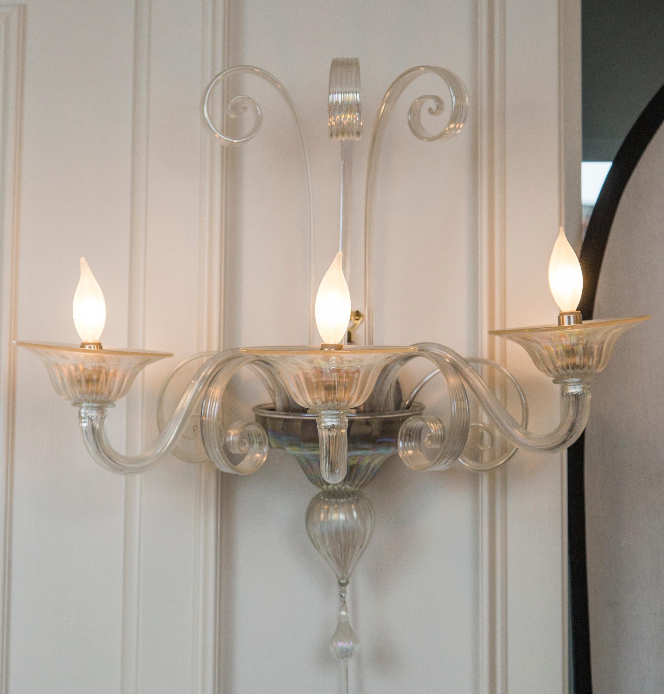 Contemporary Pair of Large Classical Iridescent Three Arm Wall Lights For Sale