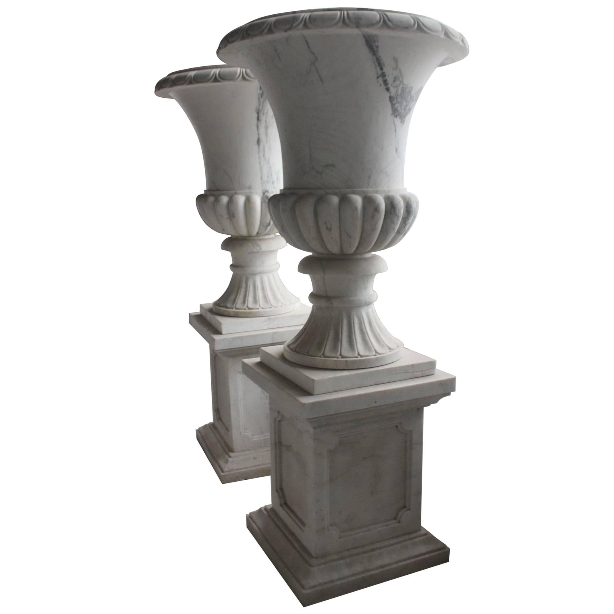 Pair of Large Classical Style Marble Urns on Pedestal Stands For Sale