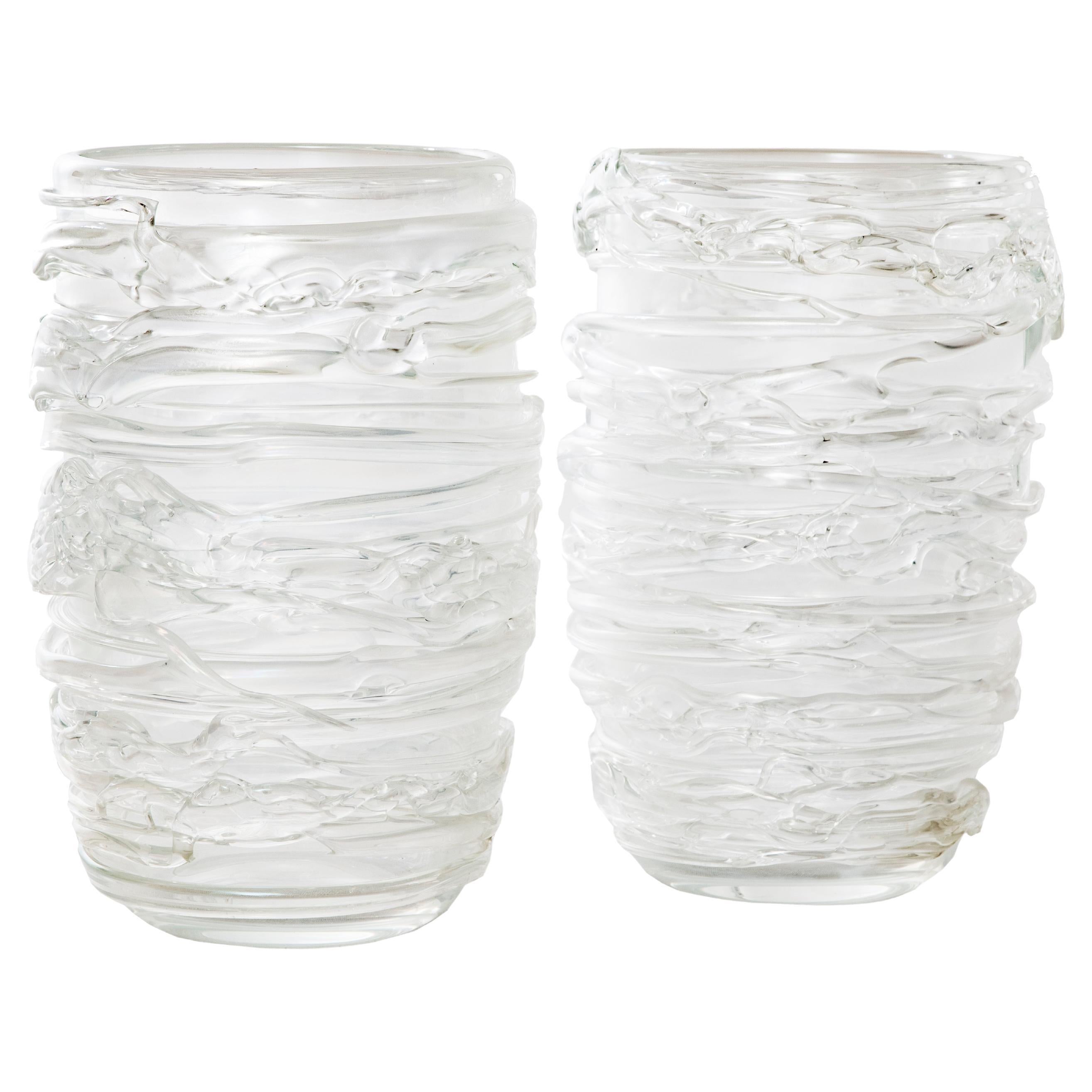 Pair of Large Clear Iridescent Textured Murano Glass Vases