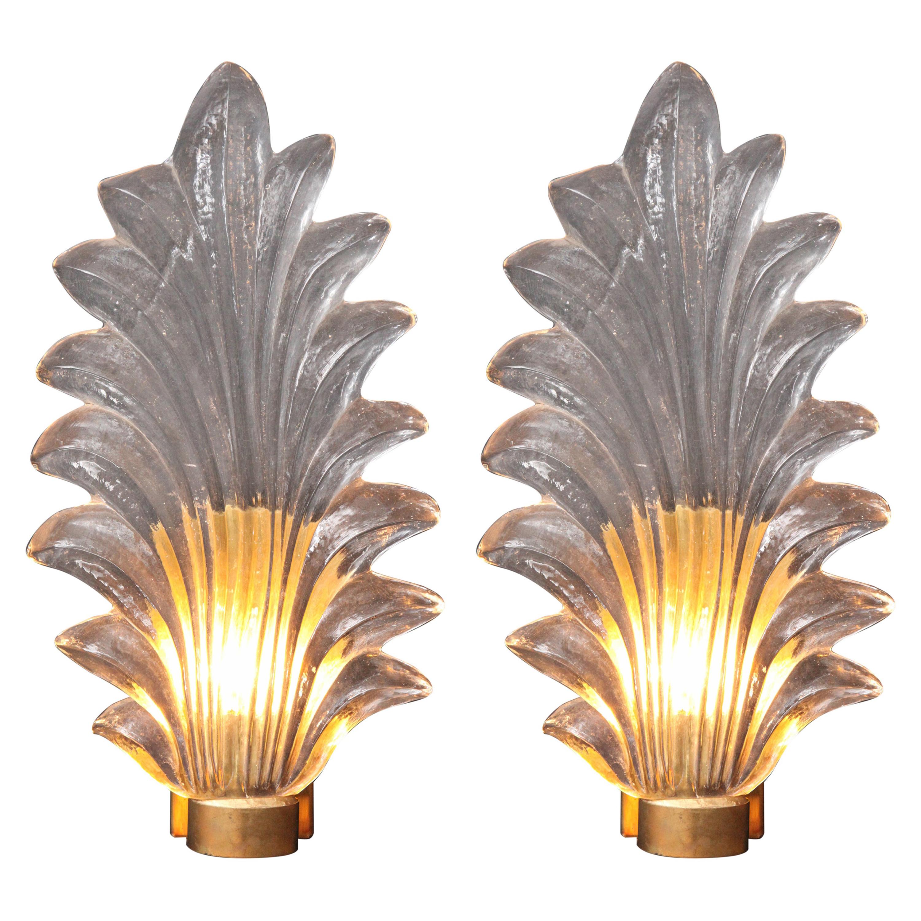 Pair of Large Clear Murano Glass Leaf and Brass Sconces, Italy