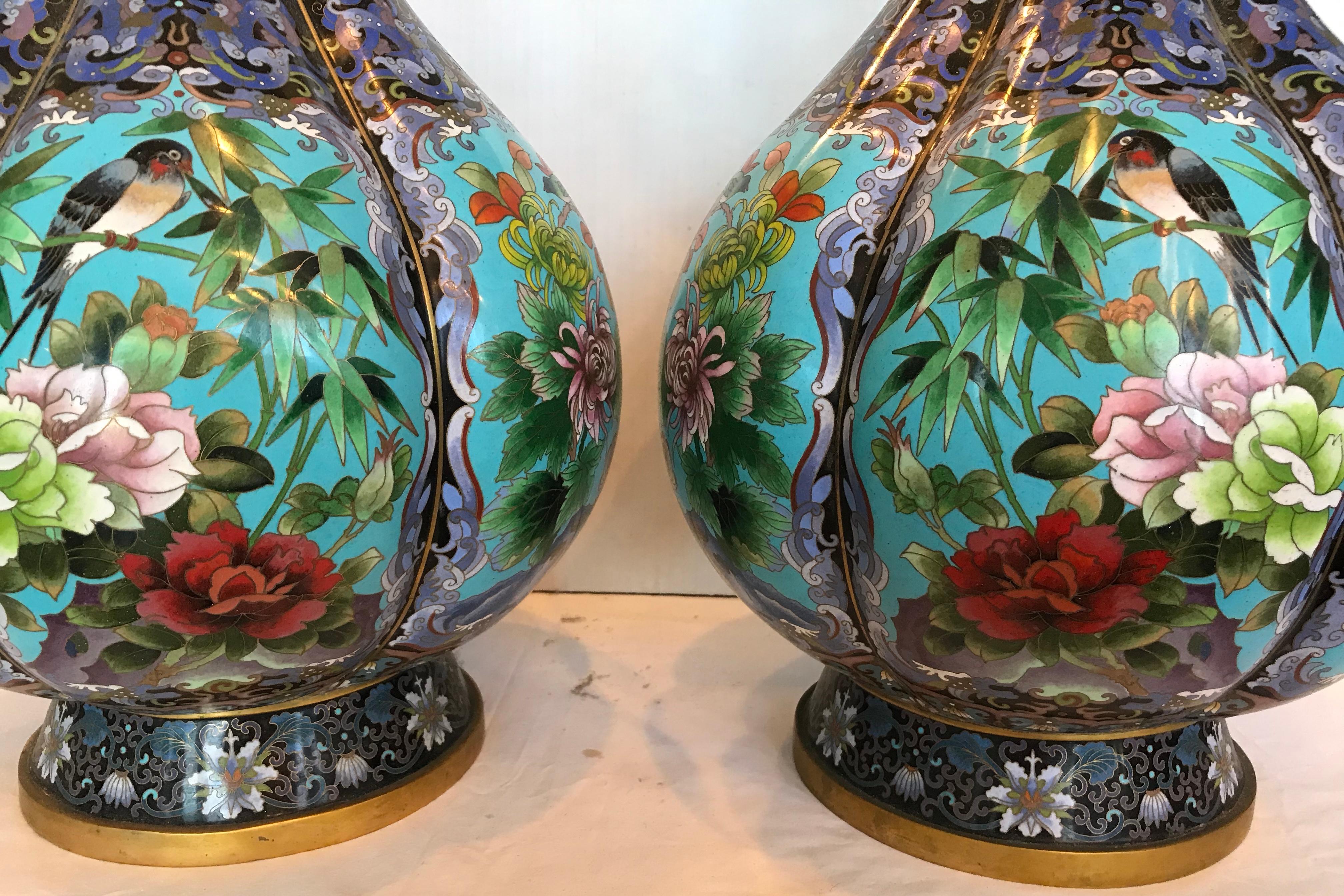 Pair of Large Cloisonné Vases In Good Condition In West Palm Beach, FL