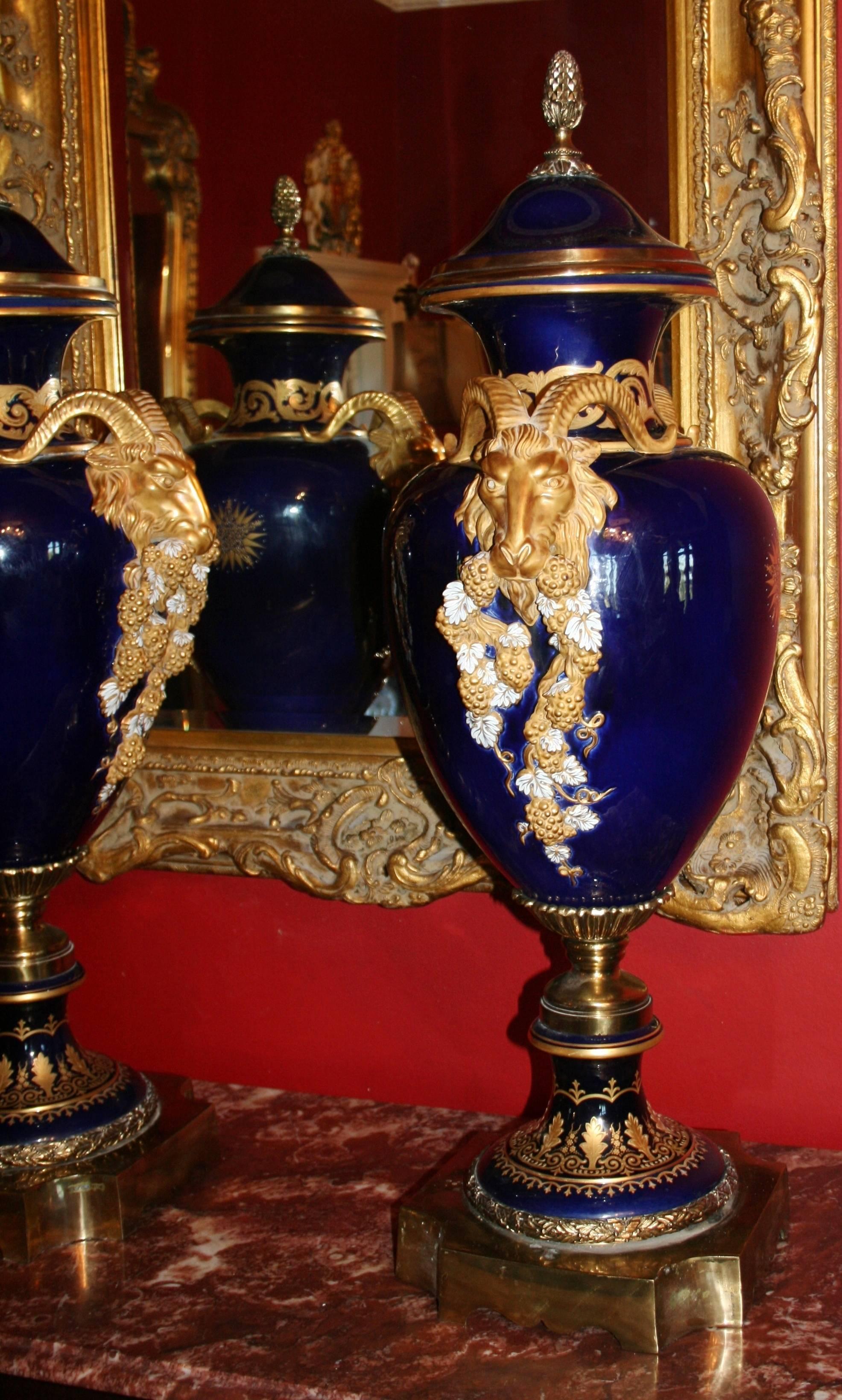 Porcelain Pair of Large Cobalt Blue Lidded Urns with Gilt Rams Head Handles For Sale