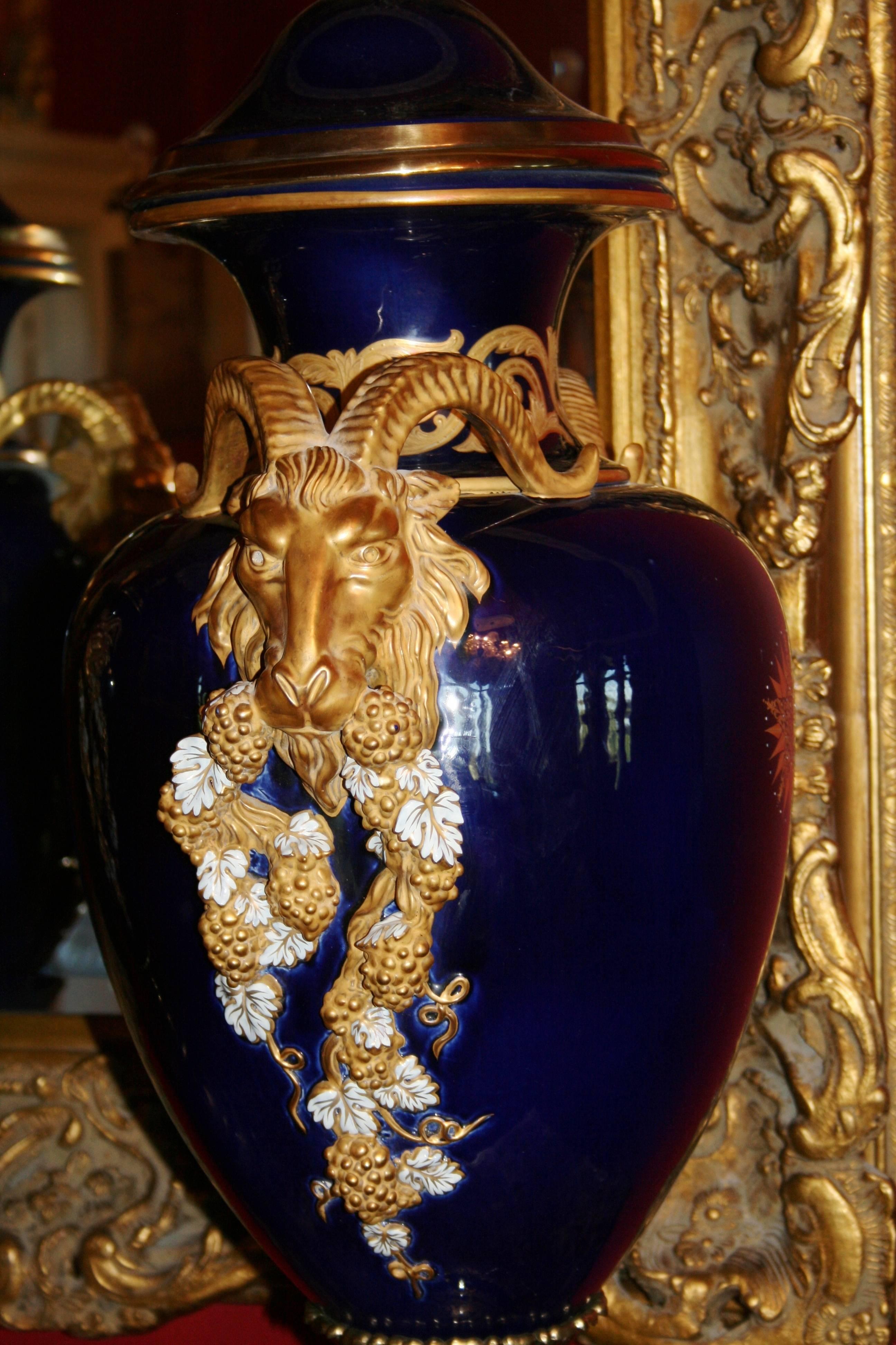 Pair of Large Cobalt Blue Lidded Urns with Gilt Rams Head Handles For Sale 3