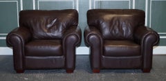 PAIR OF LARGE COMFORTABLE BROWN LEATHER ARMCHAIRS, MATCHiNG SOFA AVAILABLE