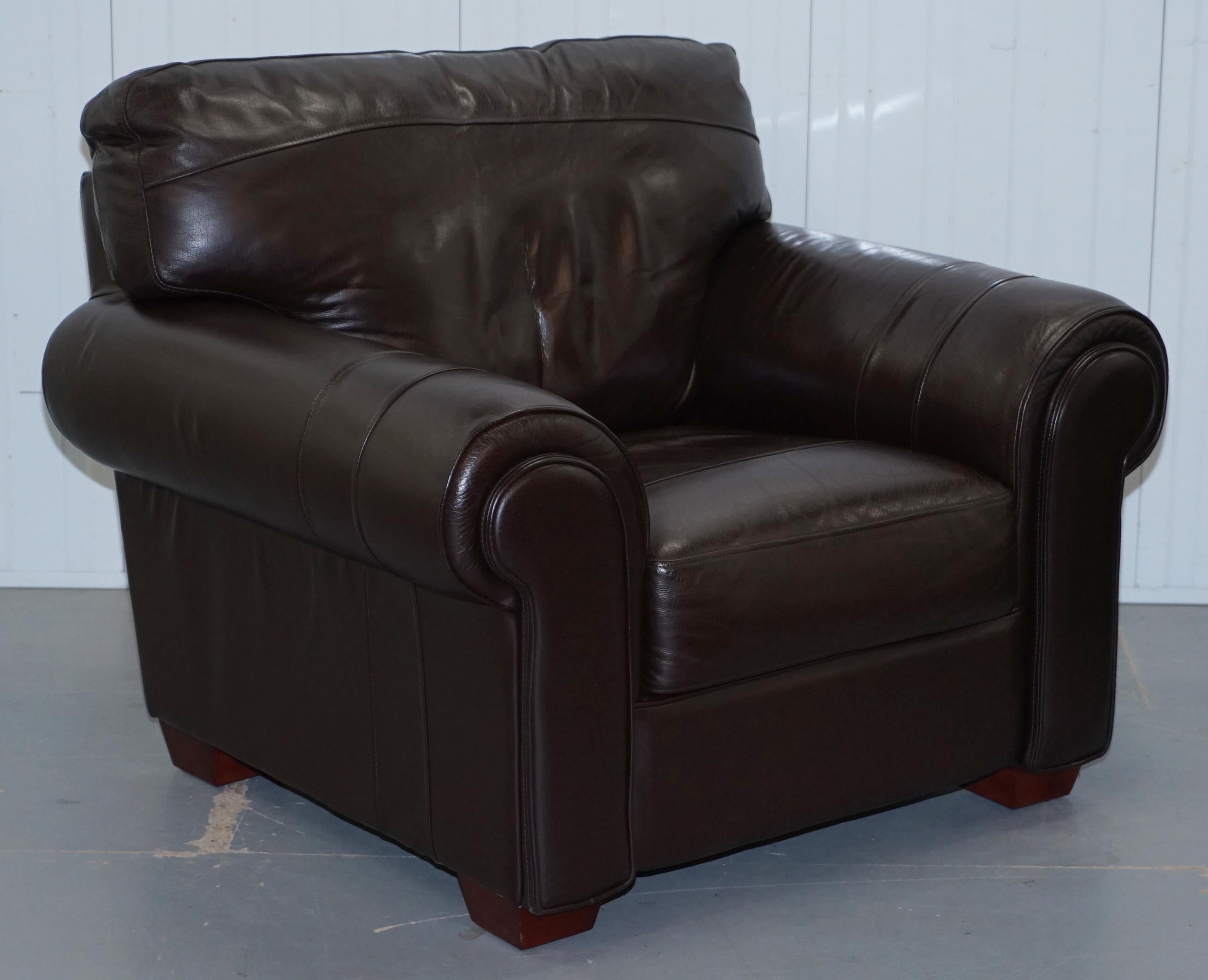 Pair of Large Comfortable Brown Leather Armchairs with Matching Footstool 8