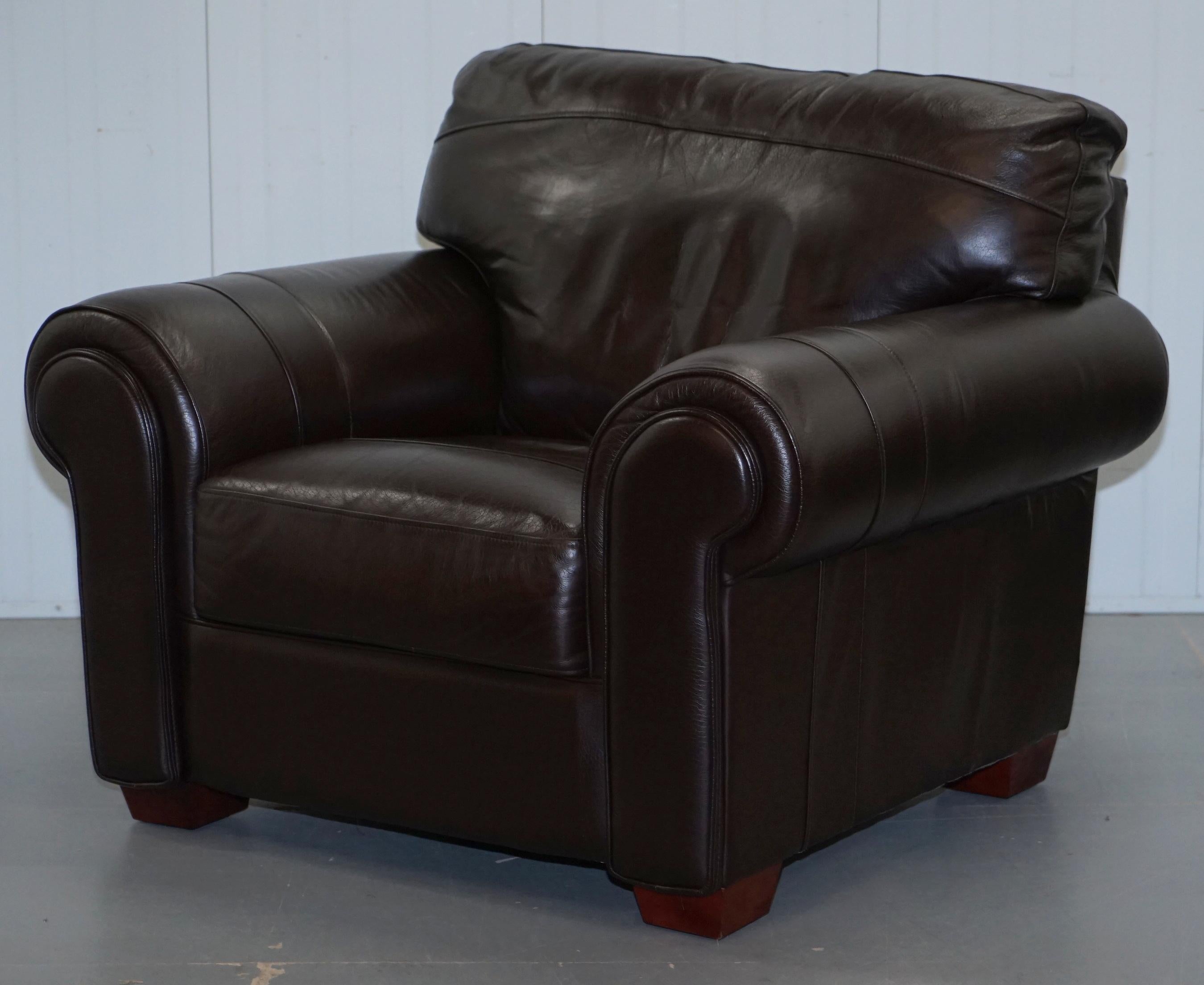 Pair of Large Comfortable Brown Leather Armchairs with Matching Footstool 10