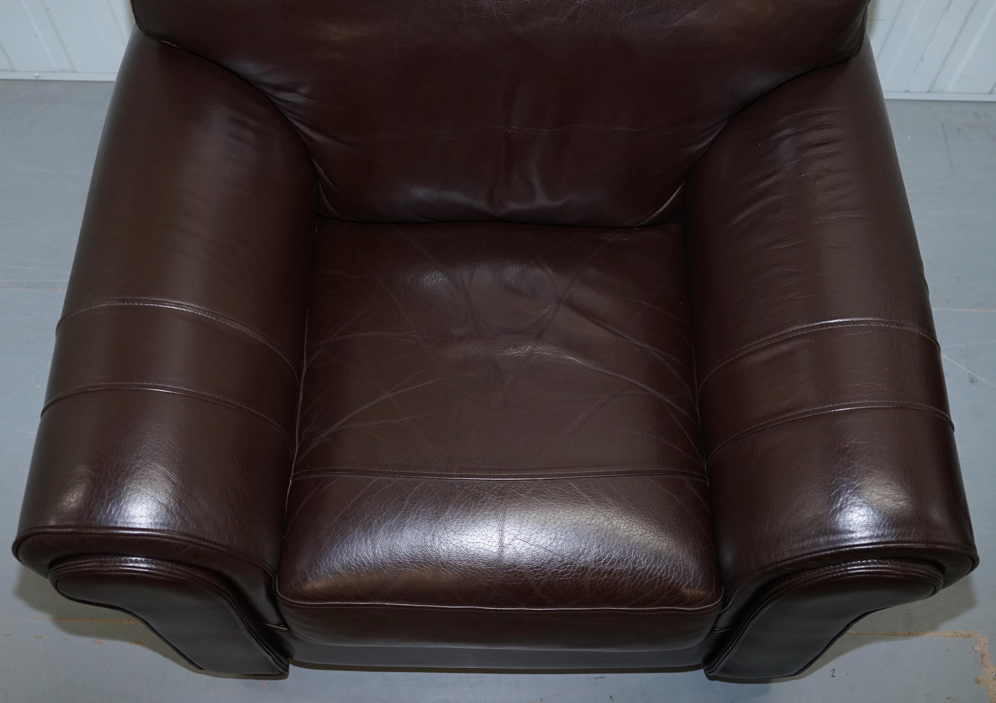 Pair of Large Comfortable Brown Leather Armchairs with Matching Footstool 12