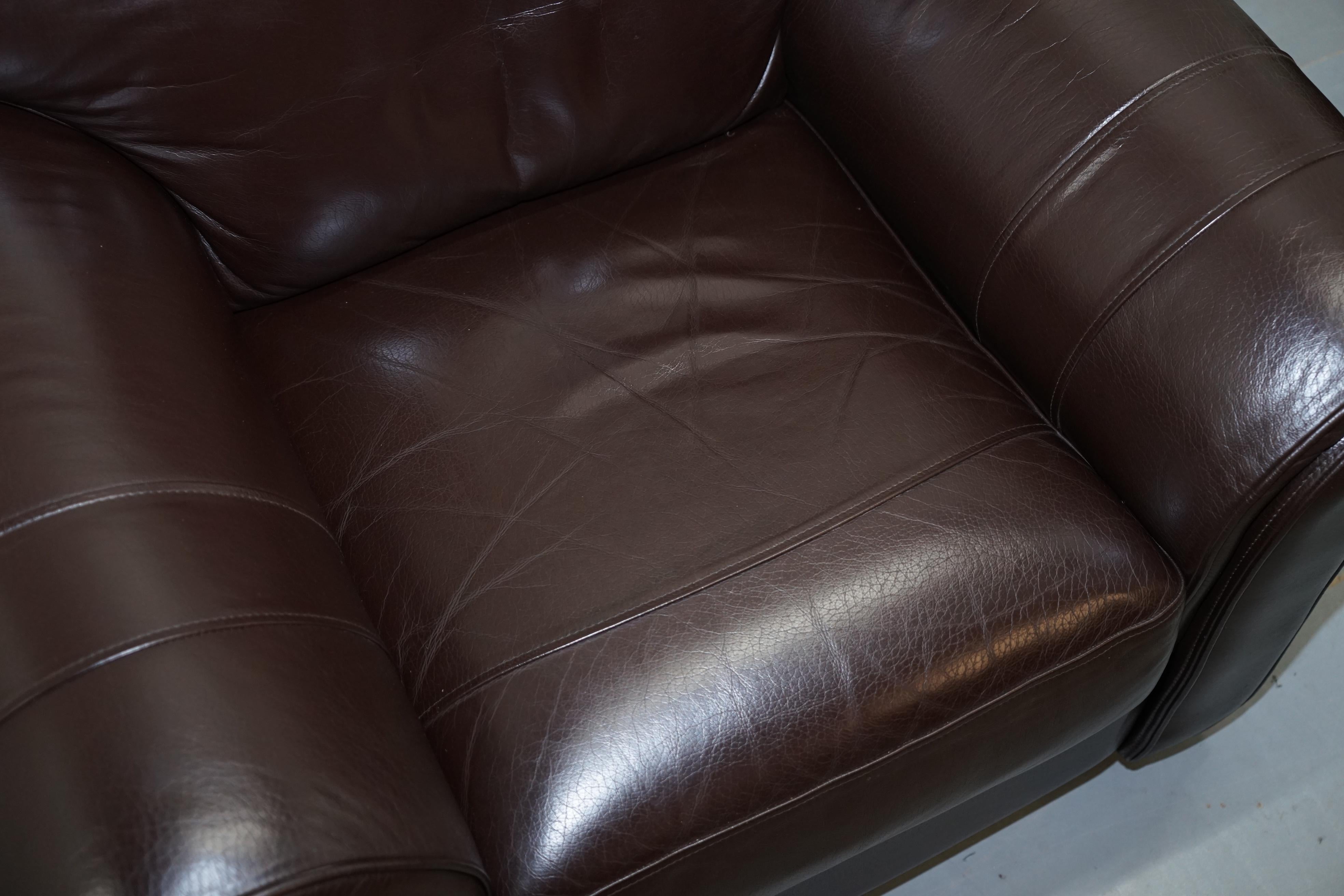 Pair of Large Comfortable Brown Leather Armchairs with Matching Footstool 13