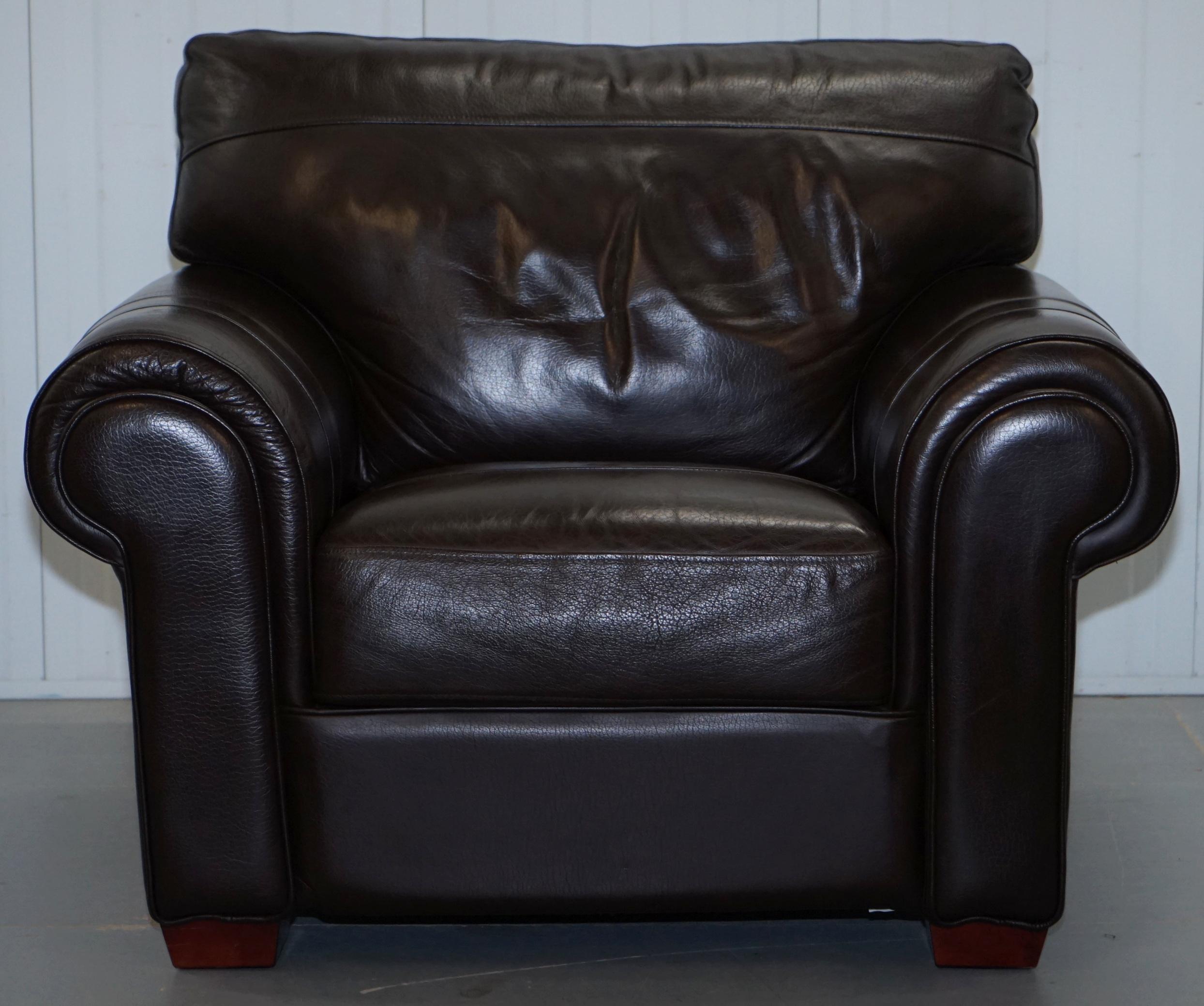 Modern Pair of Large Comfortable Brown Leather Armchairs with Matching Footstool
