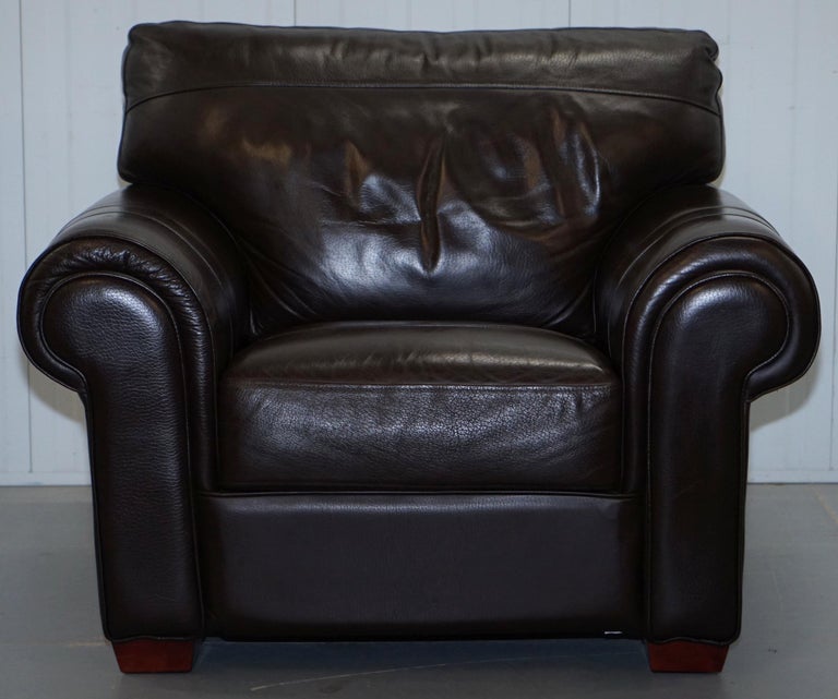 Pair of Large Comfortable Brown Leather Armchairs with Matching