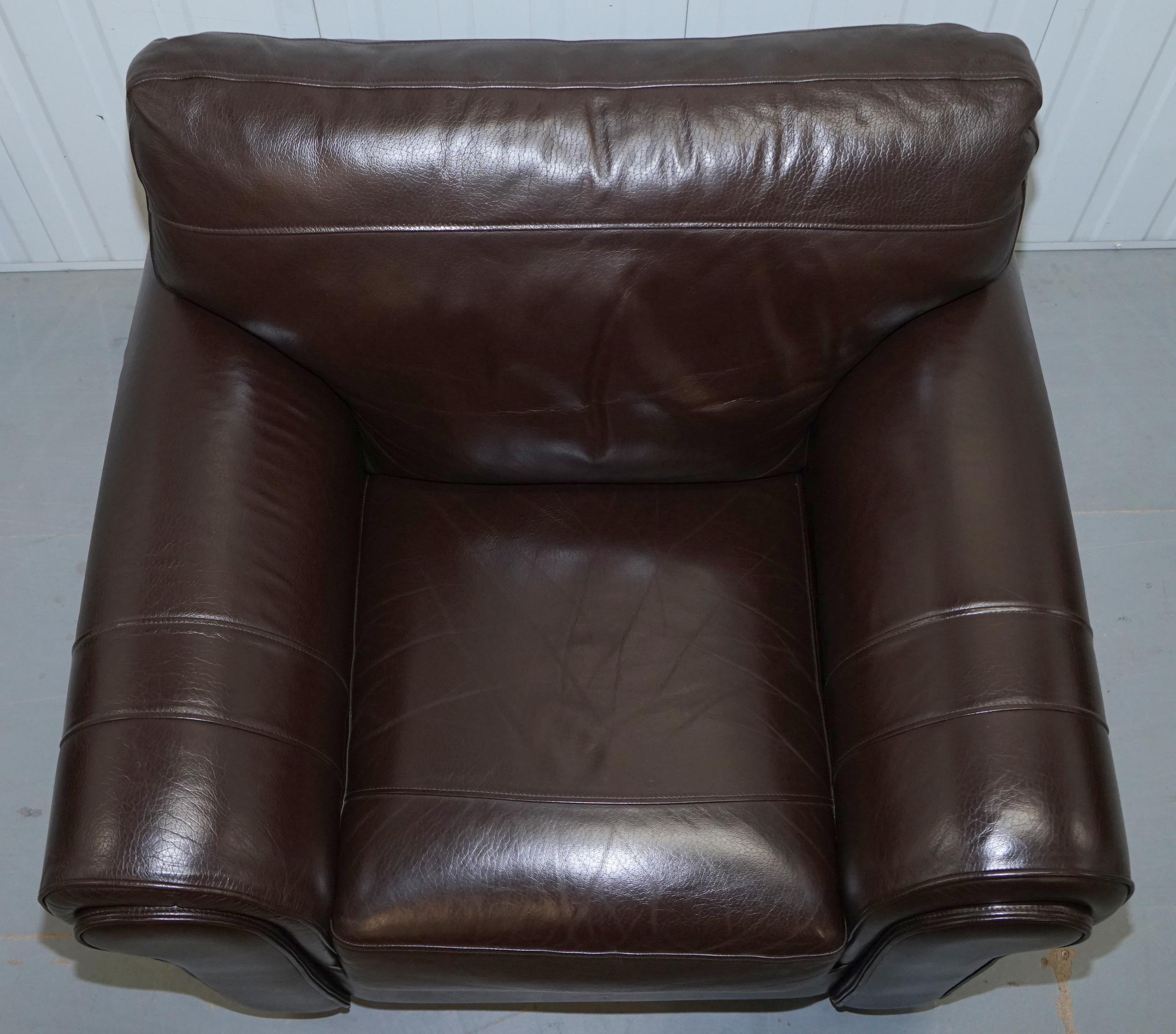 Hand-Crafted Pair of Large Comfortable Brown Leather Armchairs with Matching Footstool