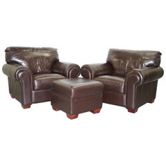 Used Pair of Large Comfortable Brown Leather Armchairs with Matching Footstool