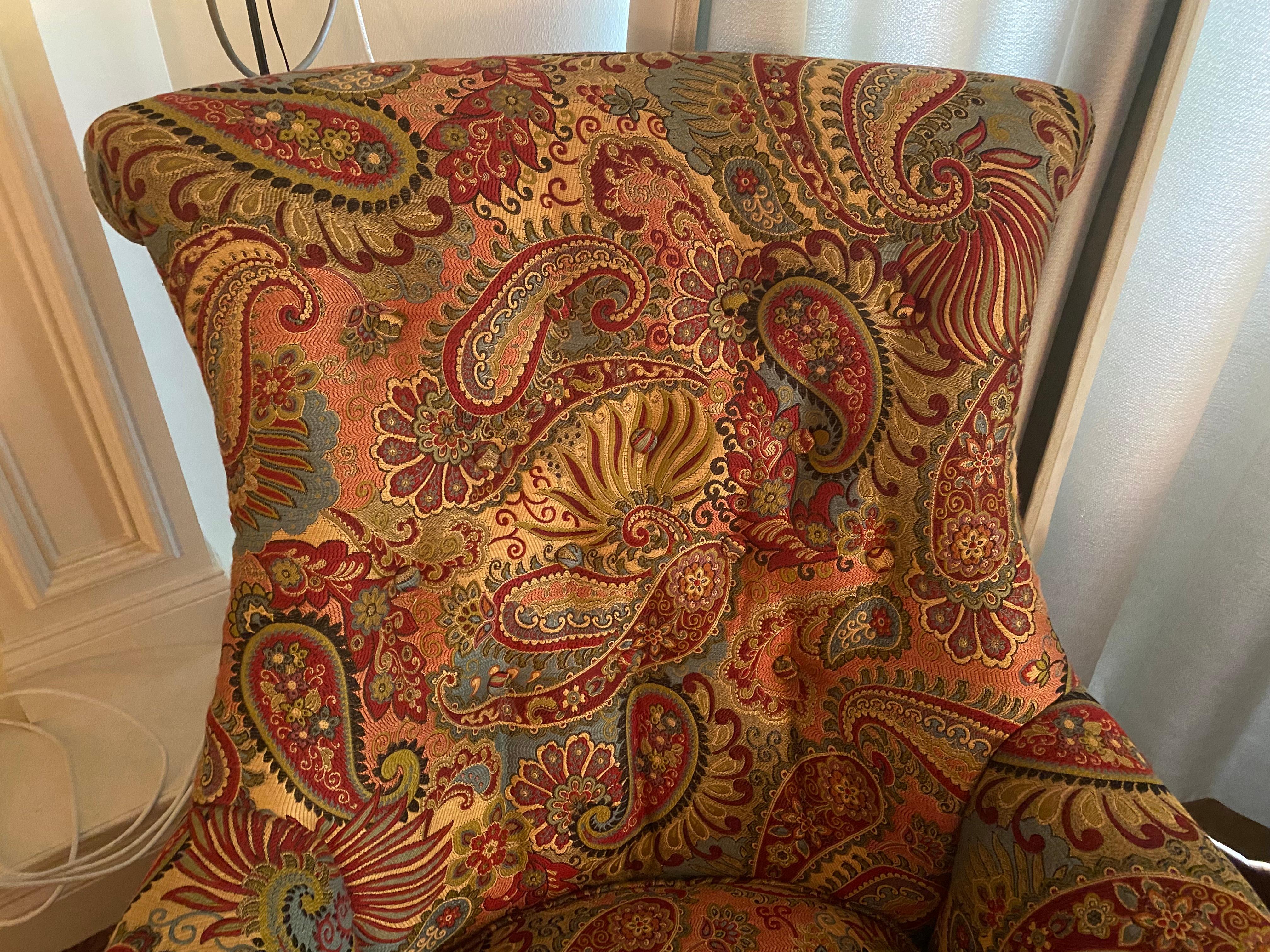 Pair of Large Comfortable Paisley & Mahogany Tall Back Club Chairs For Sale 4