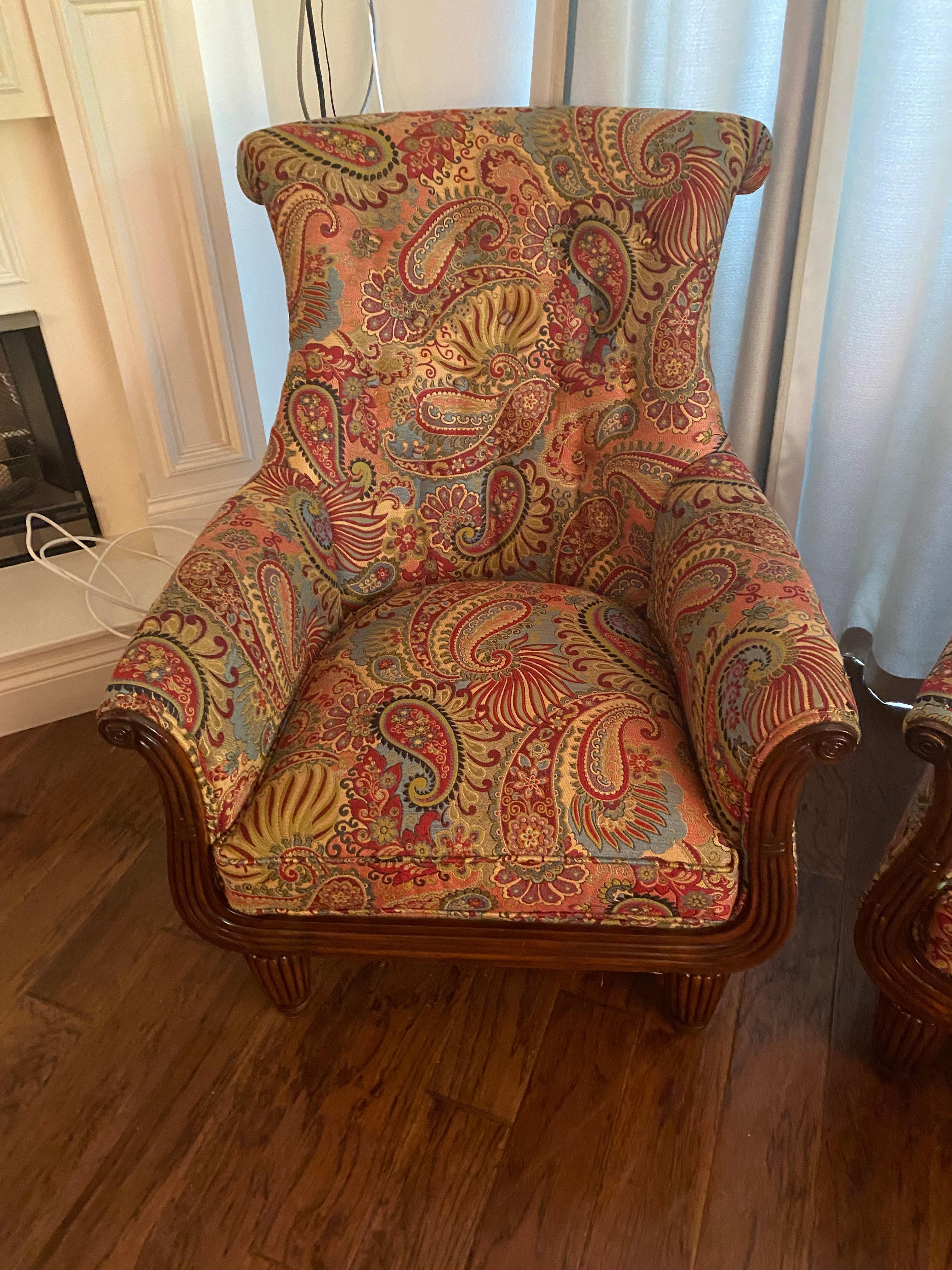 Pair of Large Comfortable Paisley & Mahogany Tall Back Club Chairs For Sale 5