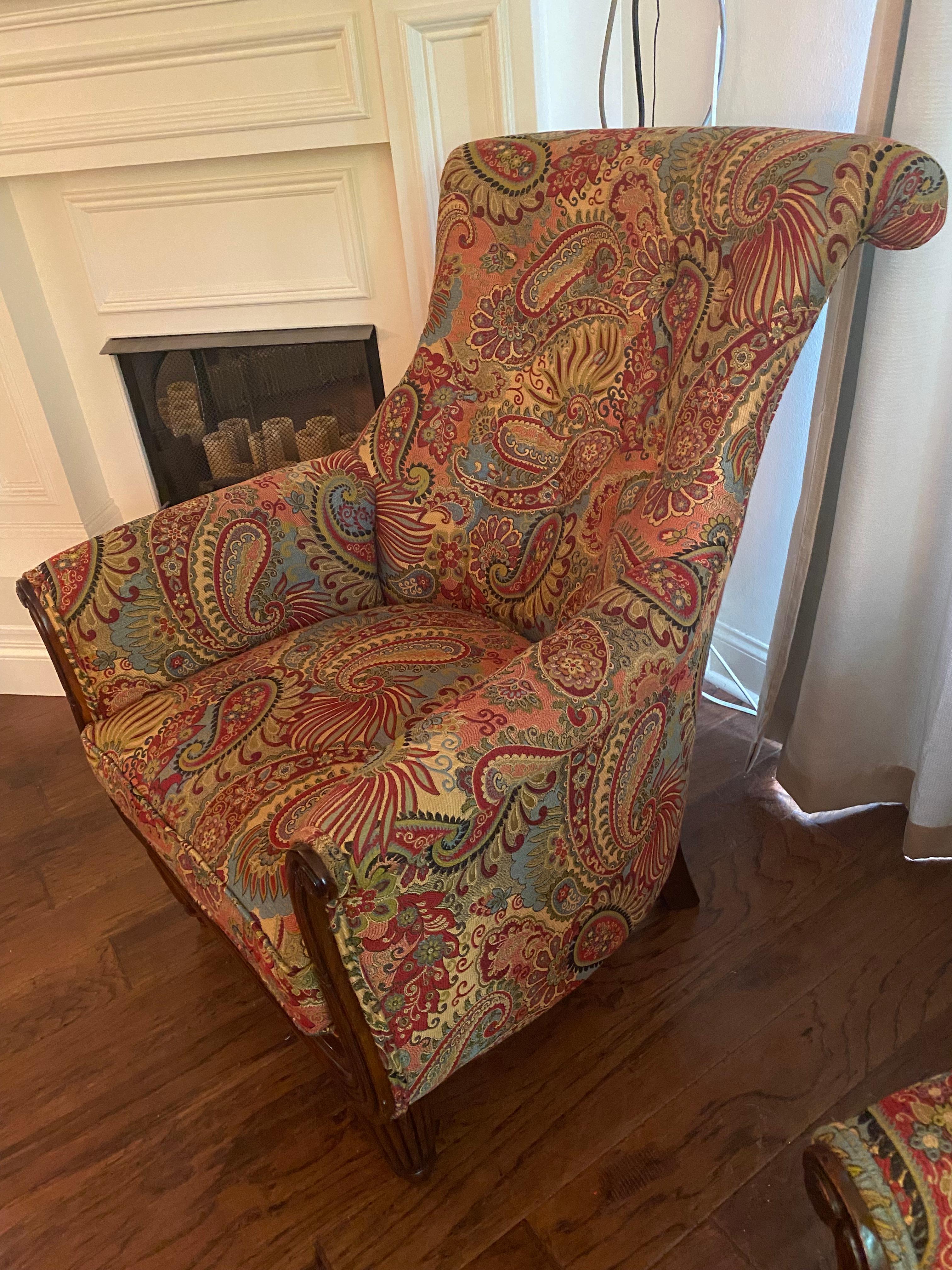 American Pair of Large Comfortable Paisley & Mahogany Tall Back Club Chairs For Sale
