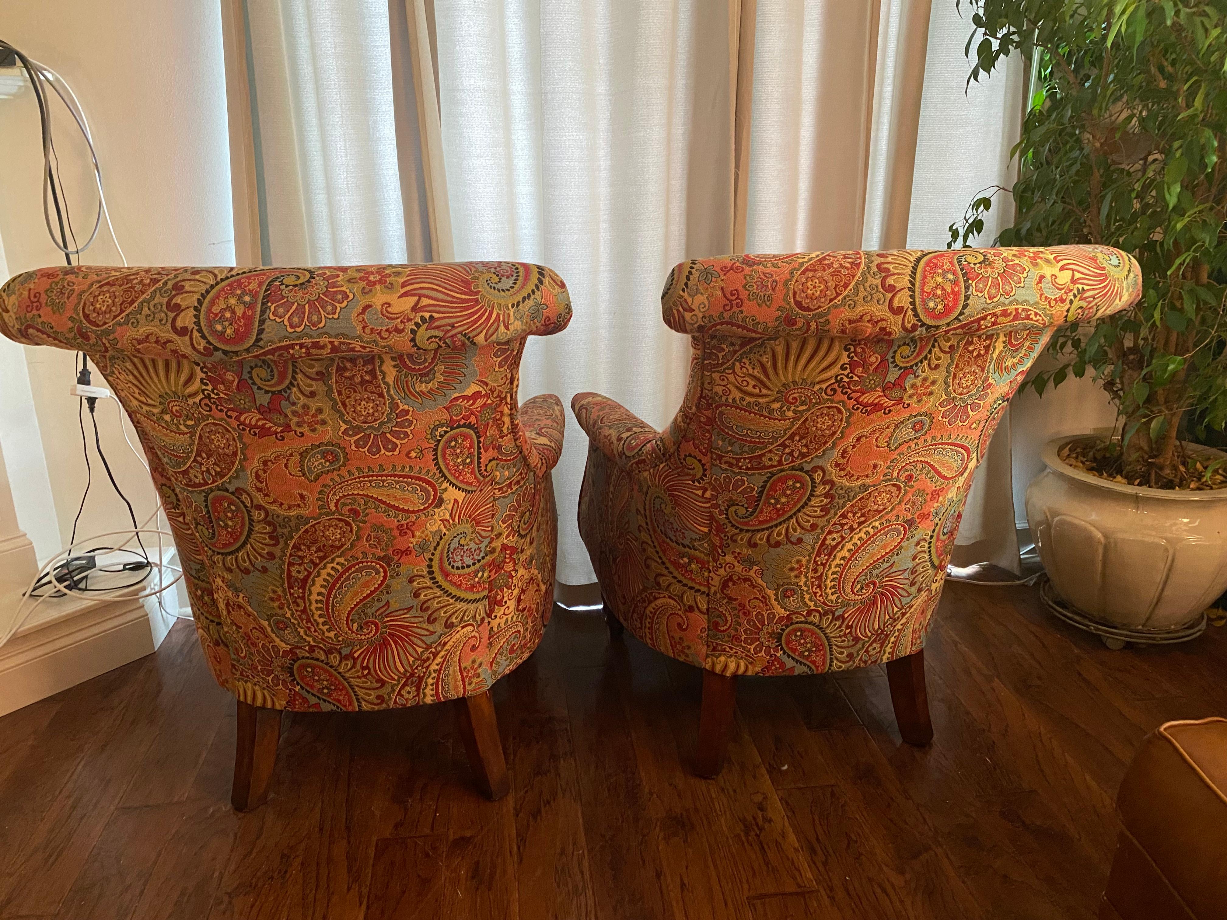 Contemporary Pair of Large Comfortable Paisley & Mahogany Tall Back Club Chairs For Sale