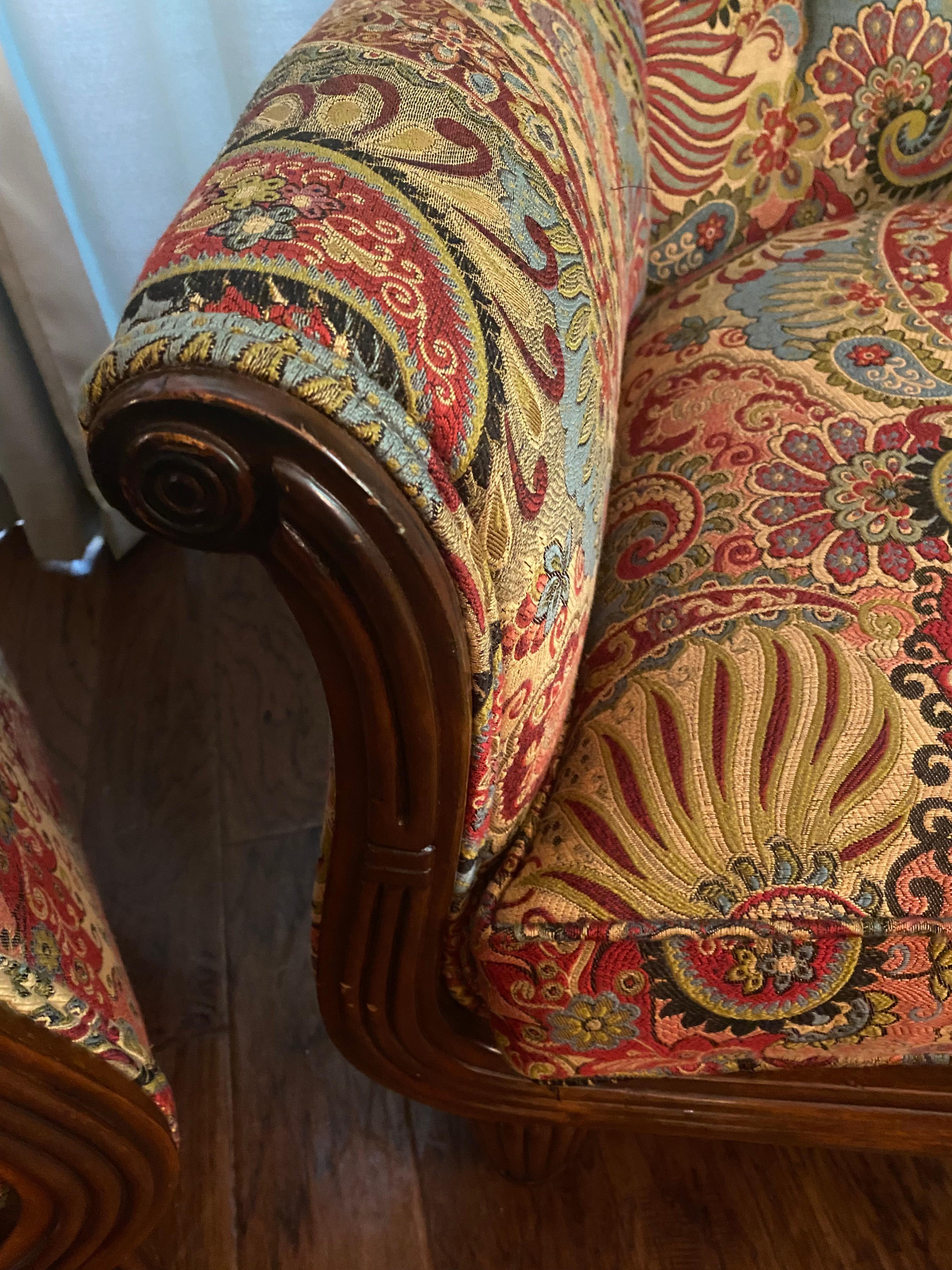 Upholstery Pair of Large Comfortable Paisley & Mahogany Tall Back Club Chairs For Sale