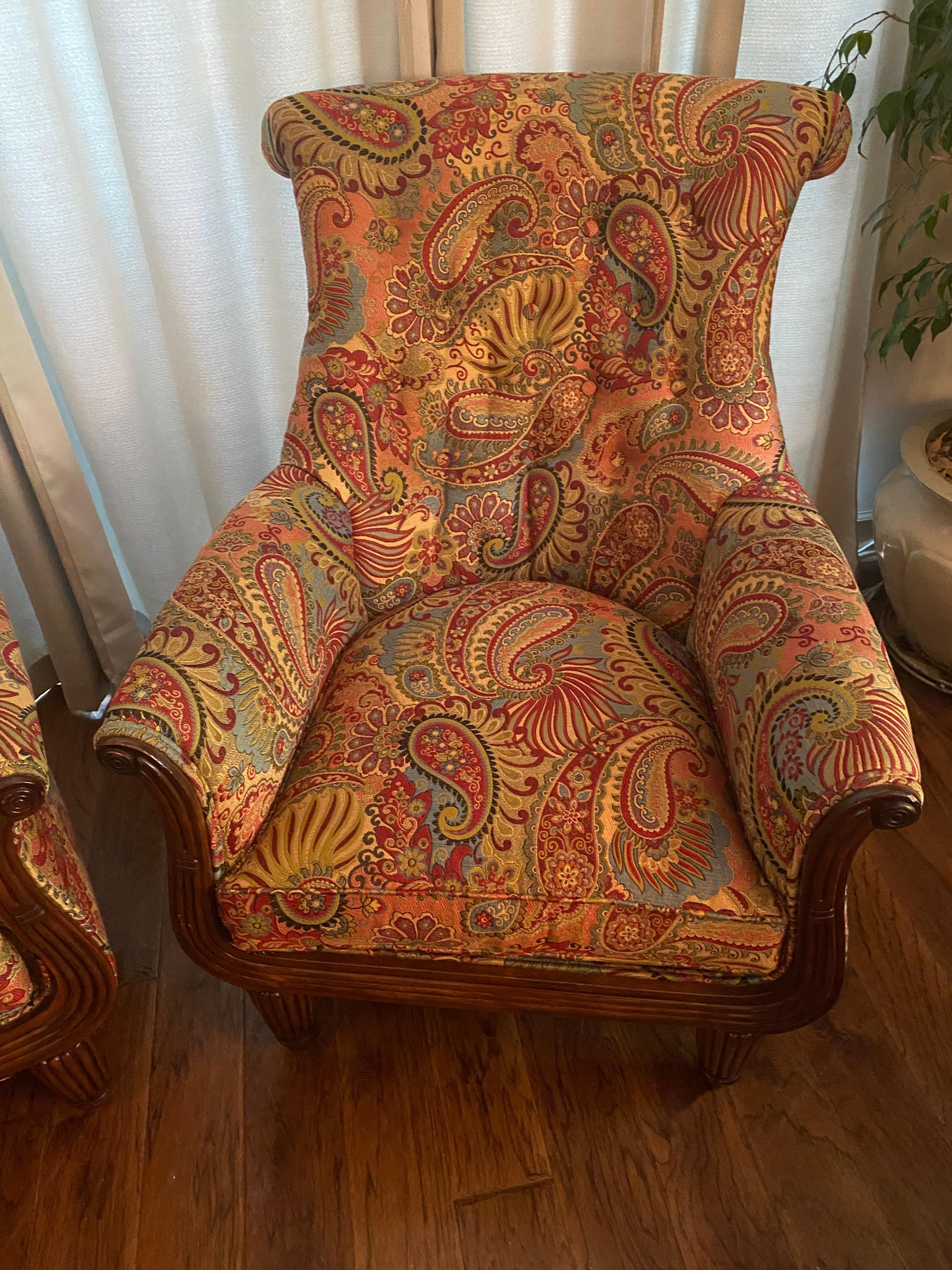 Pair of Large Comfortable Paisley & Mahogany Tall Back Club Chairs For Sale 3