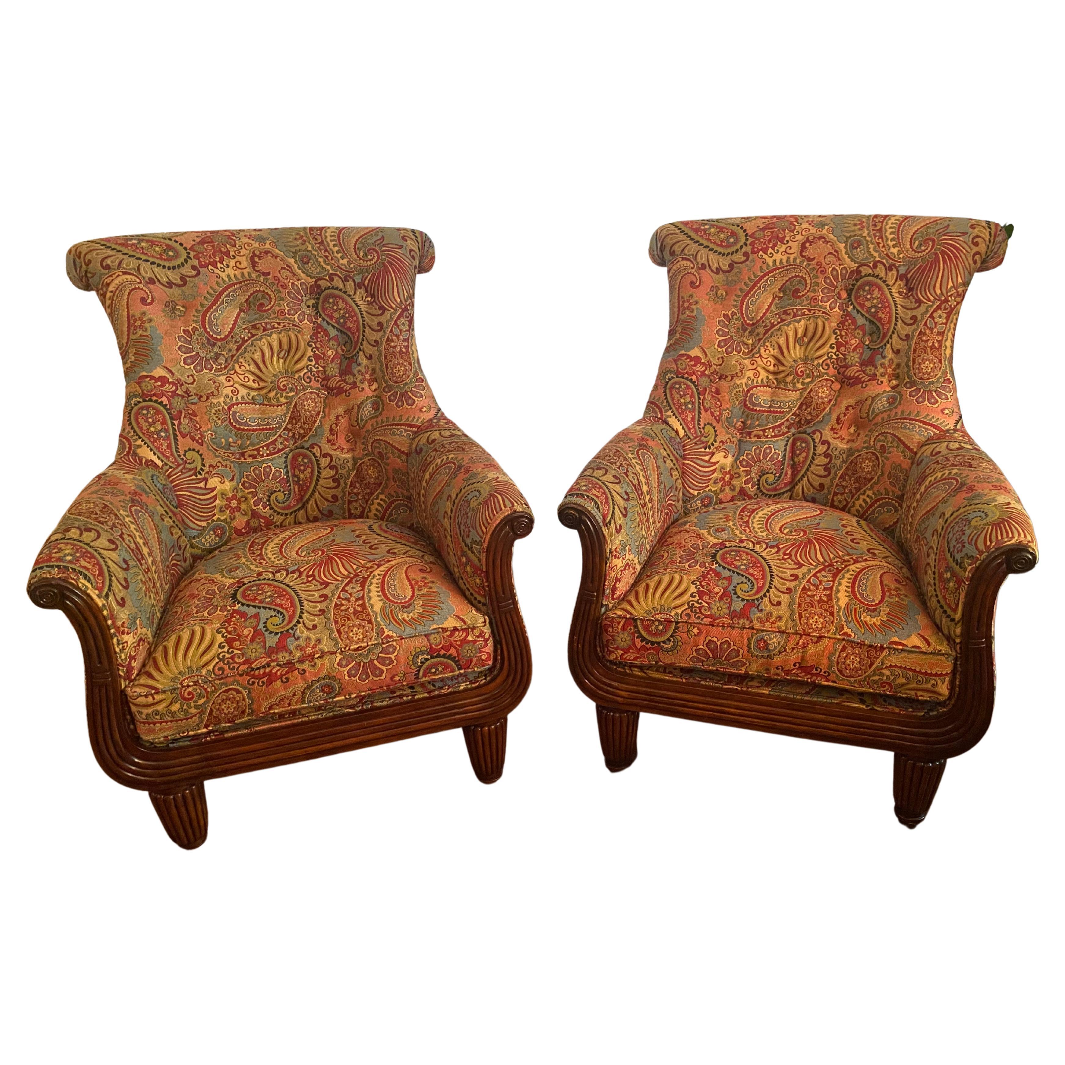 Pair of Large Comfortable Paisley & Mahogany Tall Back Club Chairs For Sale