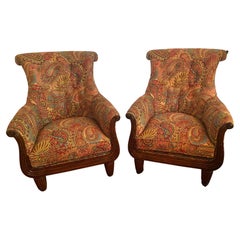 Pair of Large Comfortable Paisley & Mahogany Tall Back Club Chairs
