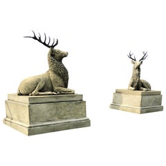 Pair of Large Composite Stone Recumbent Stags on Plinths, 21st Century