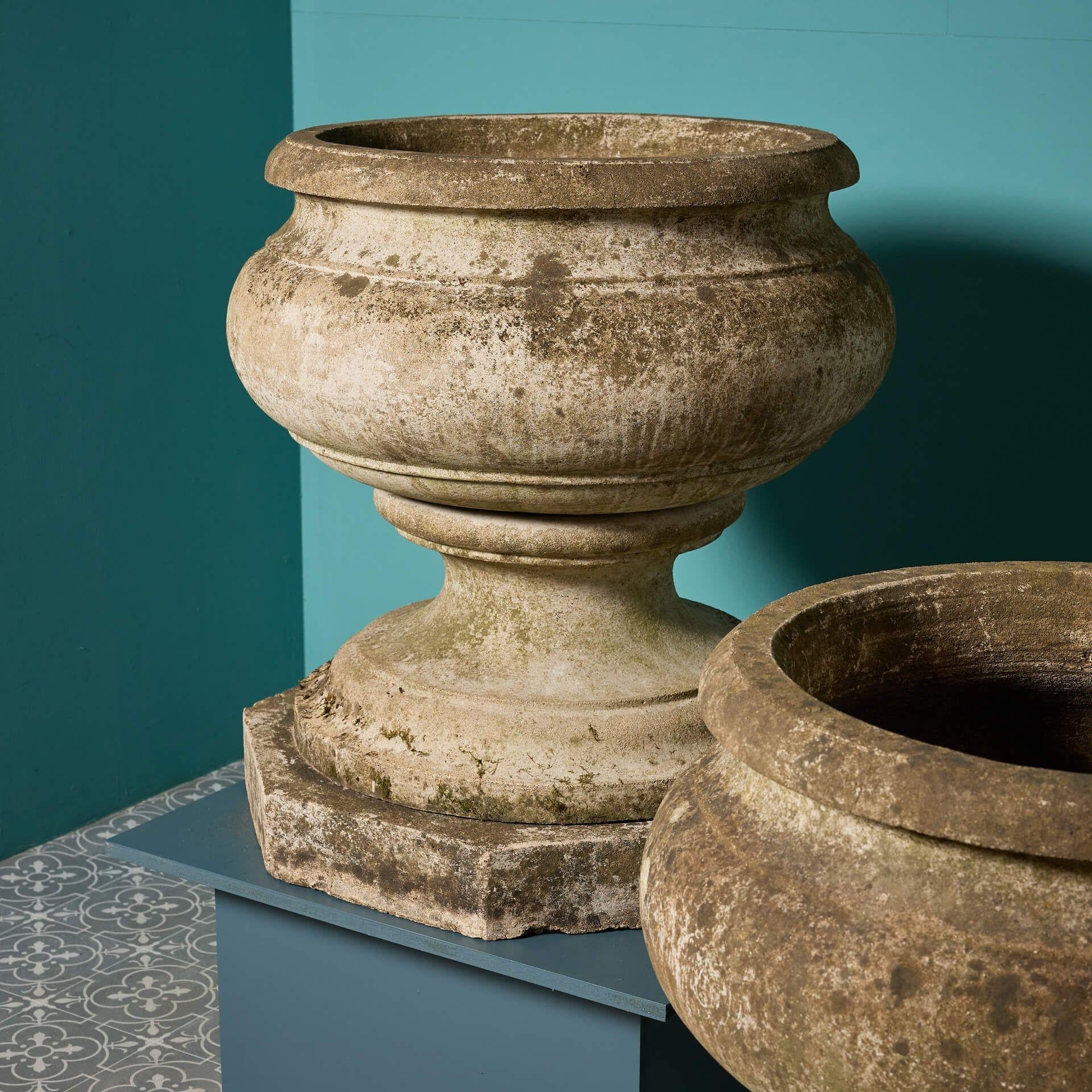 English Pair of Large Composition Stone Urns For Sale