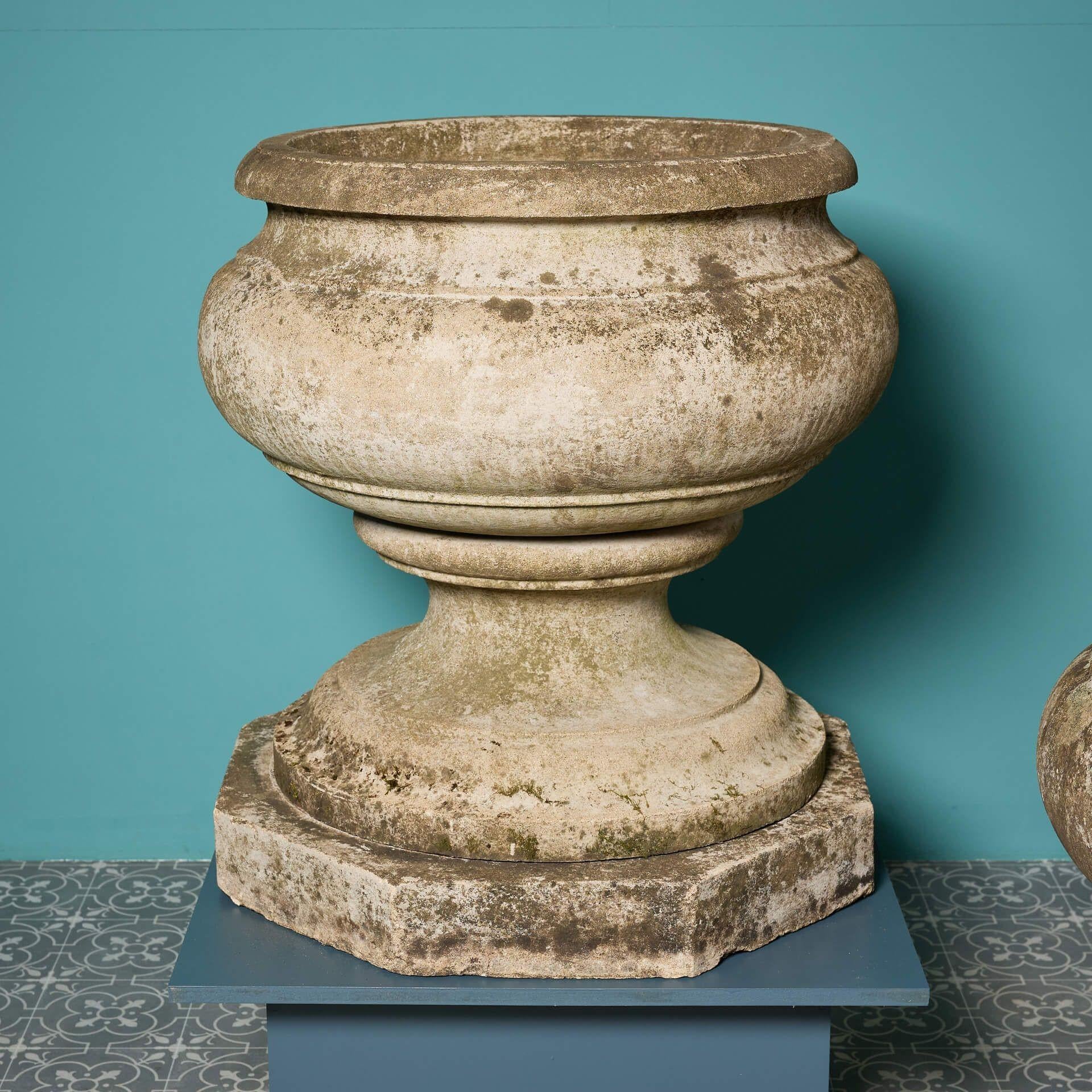 Pair of Large Composition Stone Urns In Fair Condition For Sale In Wormelow, Herefordshire