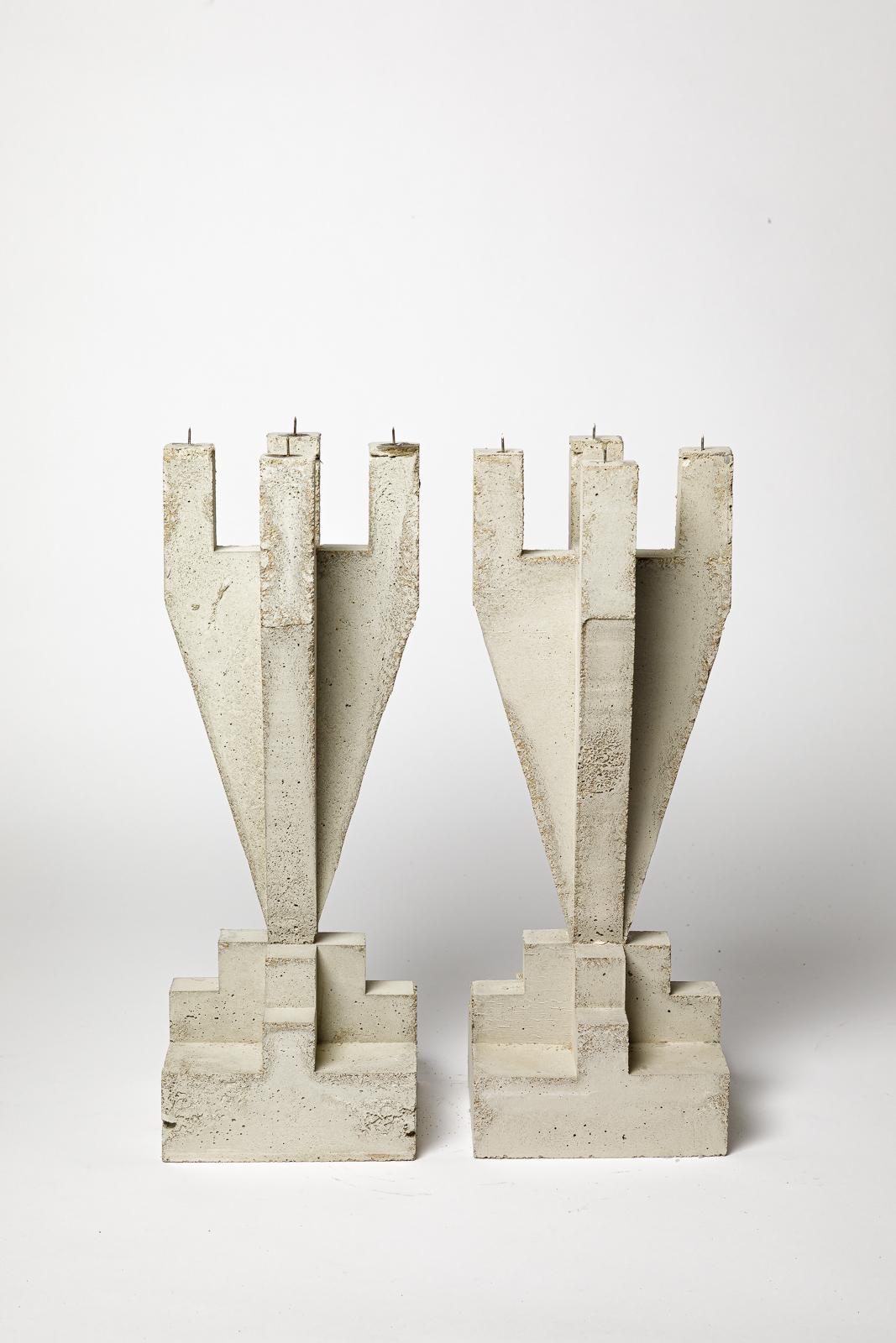 Modern Pair of large concrete sculptural candlesticks by Les usagers 2025 design 42 cm For Sale