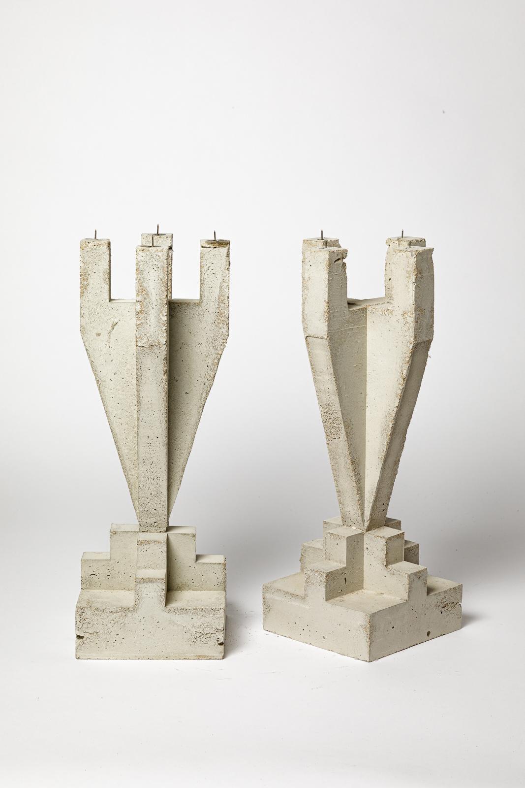 French Pair of large concrete sculptural candlesticks by Les usagers 2025 design 42 cm For Sale