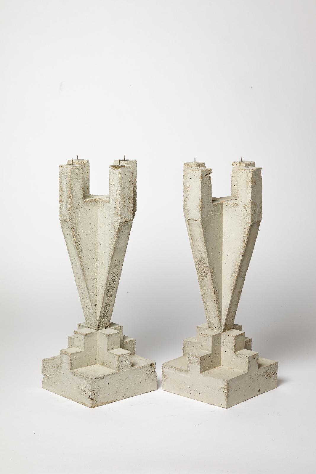Pair of large concrete sculptural candlesticks by Les usagers 2025 design 42 cm In Excellent Condition For Sale In Neuilly-en- sancerre, FR