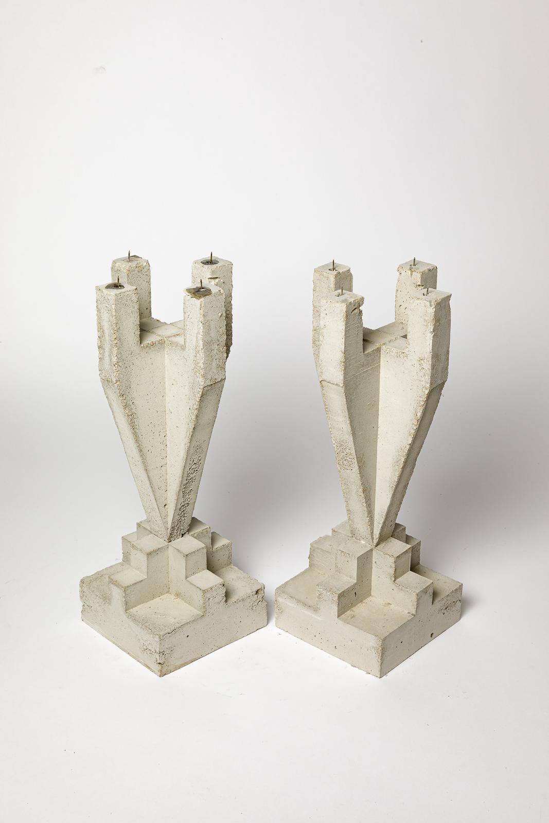 Contemporary Pair of large concrete sculptural candlesticks by Les usagers 2025 design 42 cm For Sale