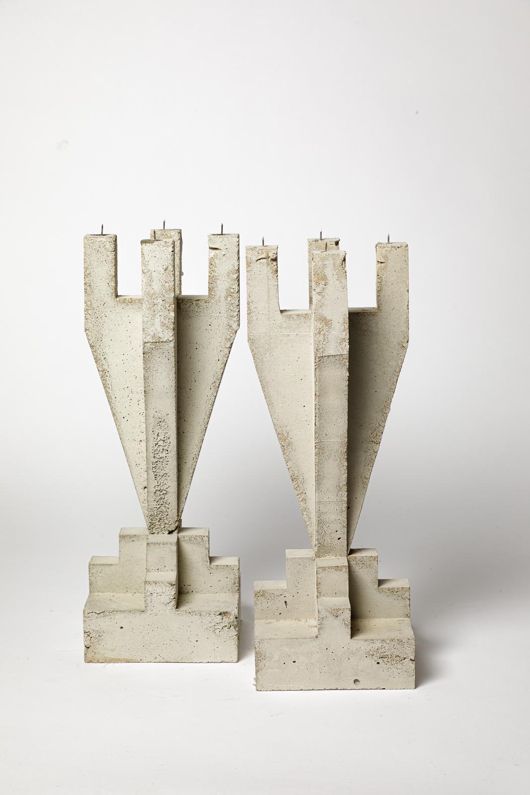 Concrete Pair of large concrete sculptural candlesticks by Les usagers 2025 design 42 cm For Sale
