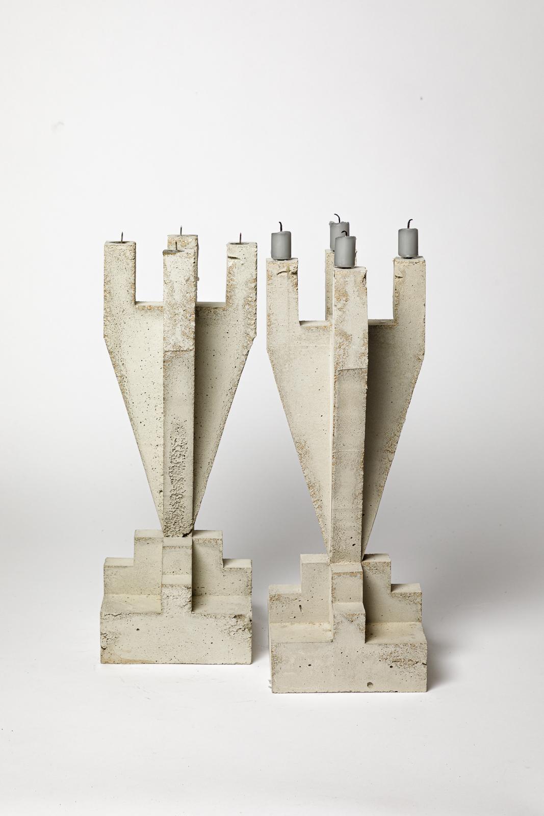 Pair of large concrete sculptural candlesticks by Les usagers 2025 design 42 cm For Sale 2