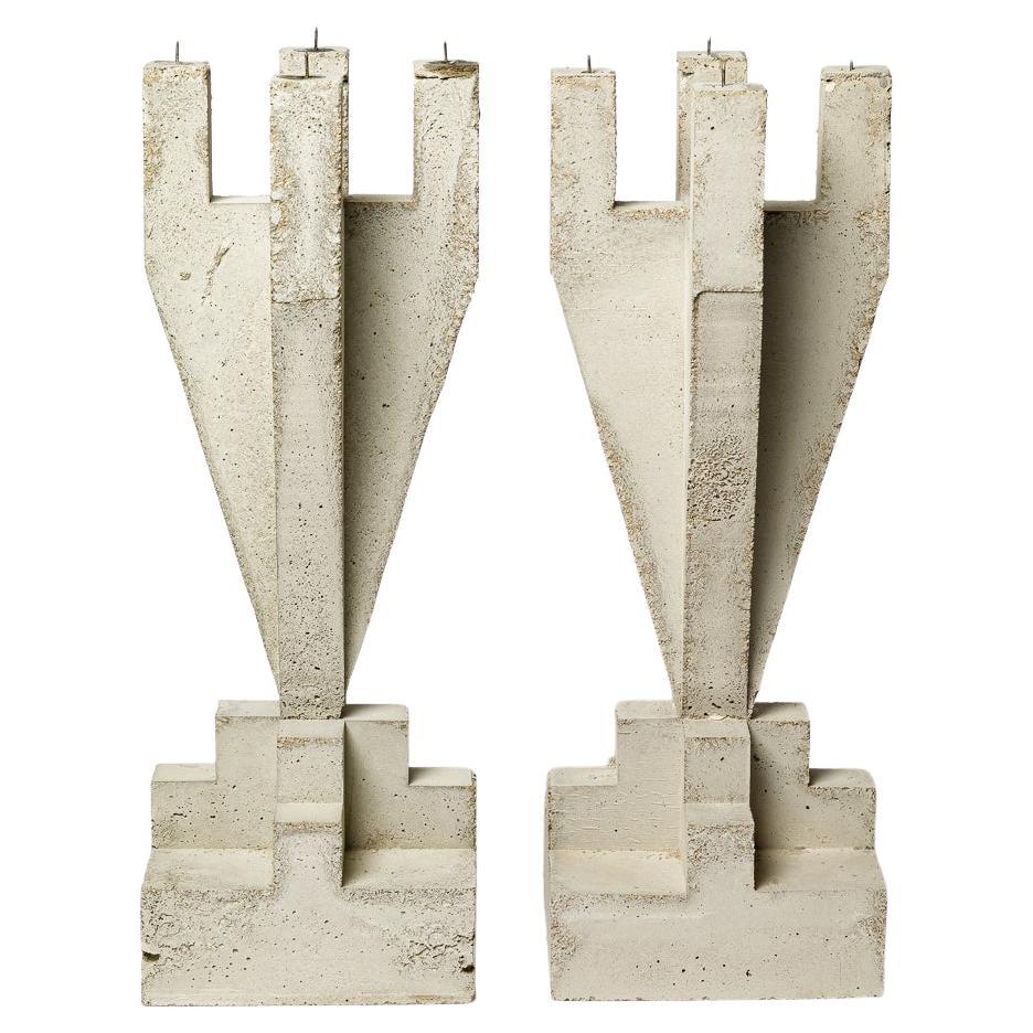 Pair of large concrete sculptural candlesticks by Les usagers 2025 design 42 cm For Sale