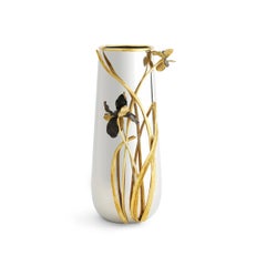 Pair of Large Contemporary Black and Gold Metal Iris Vase