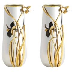 Pair of Large Contemporary Black and Gold Metal Iris Vase