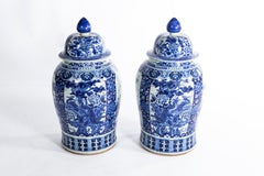 Pair of Large Contemporary Blue and White Ceramic Jars with Lids