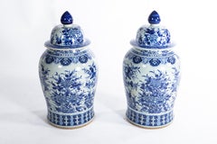 Pair of Large Contemporary Blue and White Ceramic Jars with Lids
