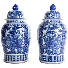 Pair of Large Contemporary Blue and White Ceramic Jars with Lids