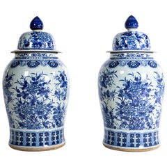 Pair of Large Contemporary Blue and White Ceramic Jars with Lids