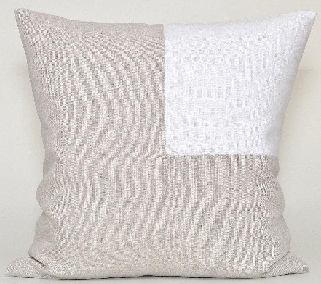A pair of complimenting custom made luxury contemporary pillows (cushions) of 100% pure Irish linen. A signature combination of Classic pristine white matched with traditional oatmeal. The oatmeal is a beautiful mottled color which is the mixture of