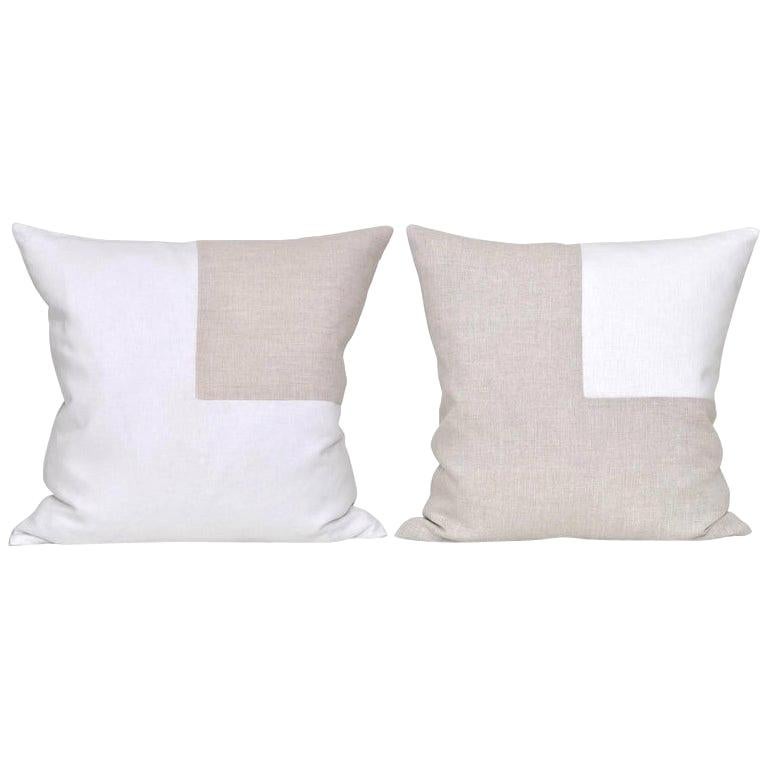 Pair of Large Contemporary Irish Linen Pillows with Vintage Patch White Oatmeal For Sale